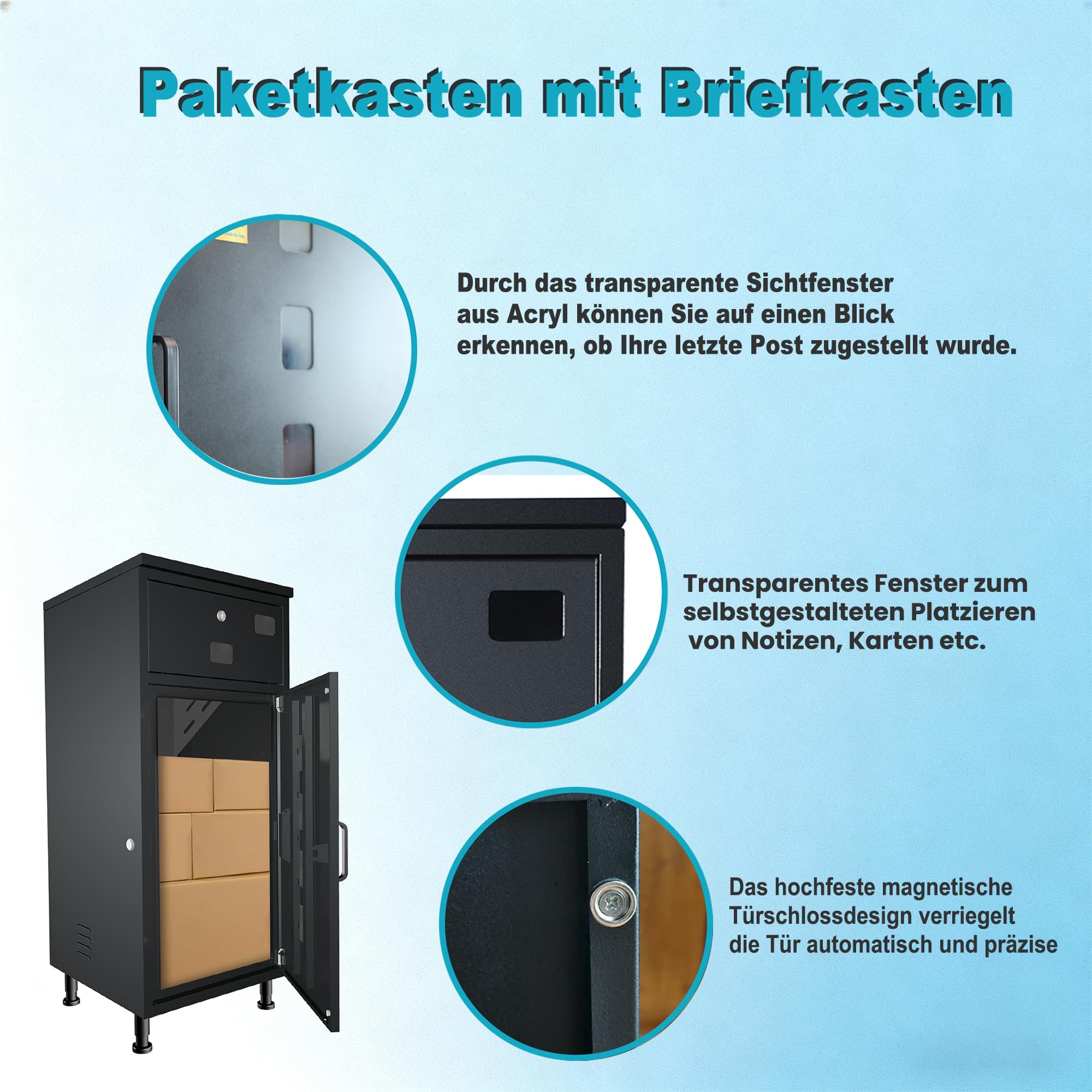 paketbriefkasten XXL undbriefkasten groß,Pulverbeschichtet，Wasserdicht, rostfrei und diebstahlsicher briefkasten paketbox Bodenstehender Parcel Box, einfach zu montieren.-Kohlenschwarz