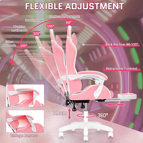 Miniatura 4 de Silla de juegos RGB con luces LED, sillas de masaje ergonómicas para videojuegos con reposapiés, silla de computadora reclinable de respaldo alto