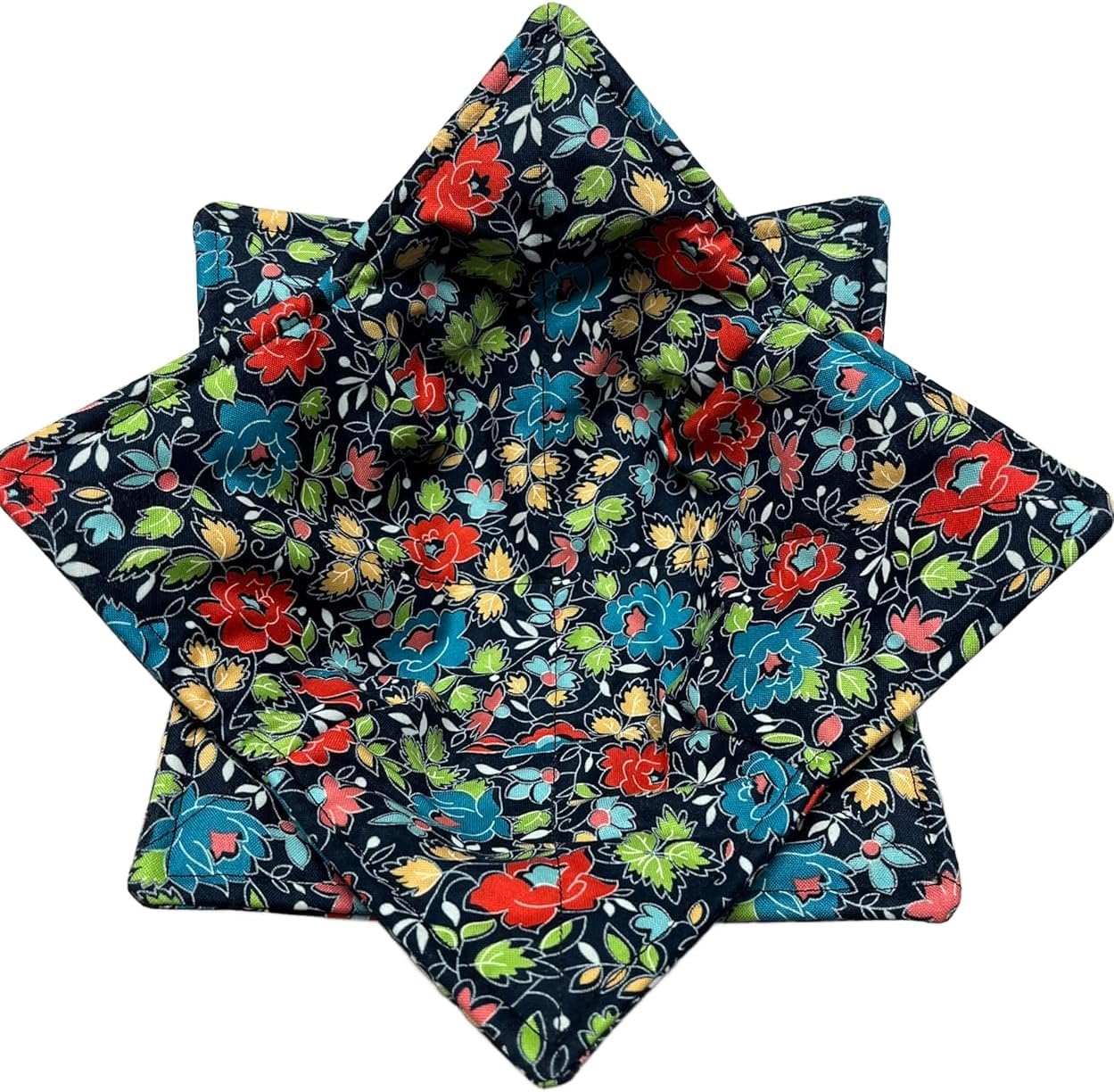 Set of Two Flowers on Blue Bowl Cozies, Reversible Bowl Holders, 238
