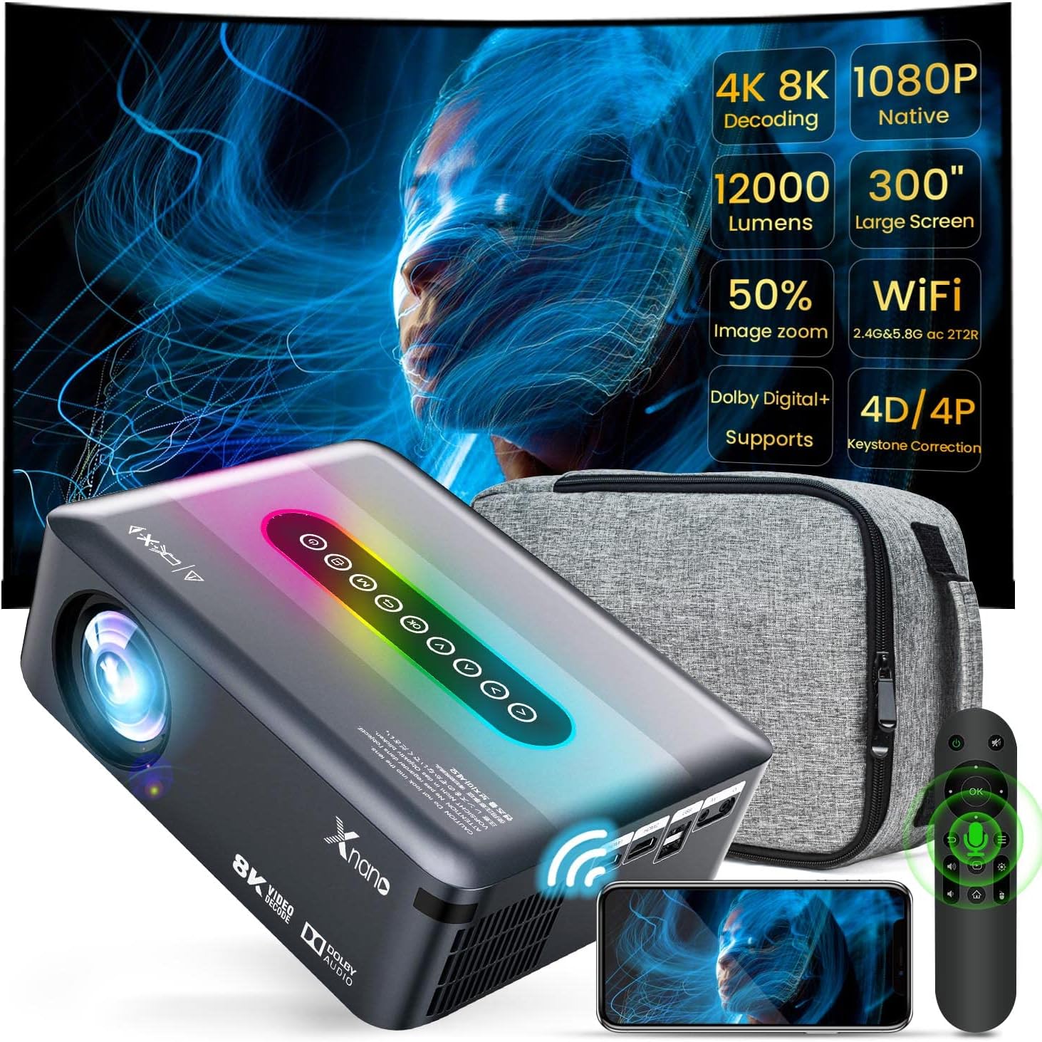 Native 1080P Bluetooth Projector, 8K Decoding and 200'' Big Display Supported Mini Outdoor Movie Projector, 12000Lumens HD Projector Home Cinema for iOS/Android Smartphone/ HDMI