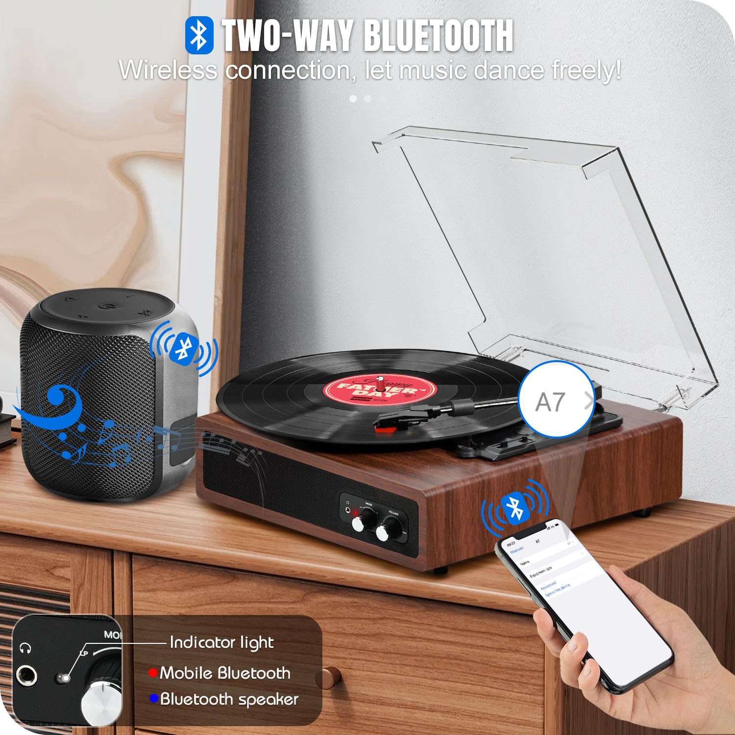 Plattenspieler, FYDEE Vinyl Plattenspieler mit Eingebauten Stereo-Lautsprechern, 3 Geschwindigkeiten 33/45/78 RPM, Bluetooth Schallplattenspieler, Unterstützt RCA-Ausgang, AUX-Eingang, Kastanienbraun