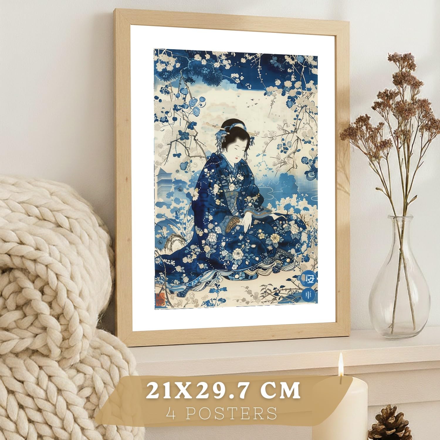 Nacnic Juego De 4 Laminas Decorativas Pared Estilo Japon. Cuadros Salon Modernos - Posters Decorativos Azules Orientales. Arte Japones. Decoración Dormitorios. A3 Marco Madera Clara