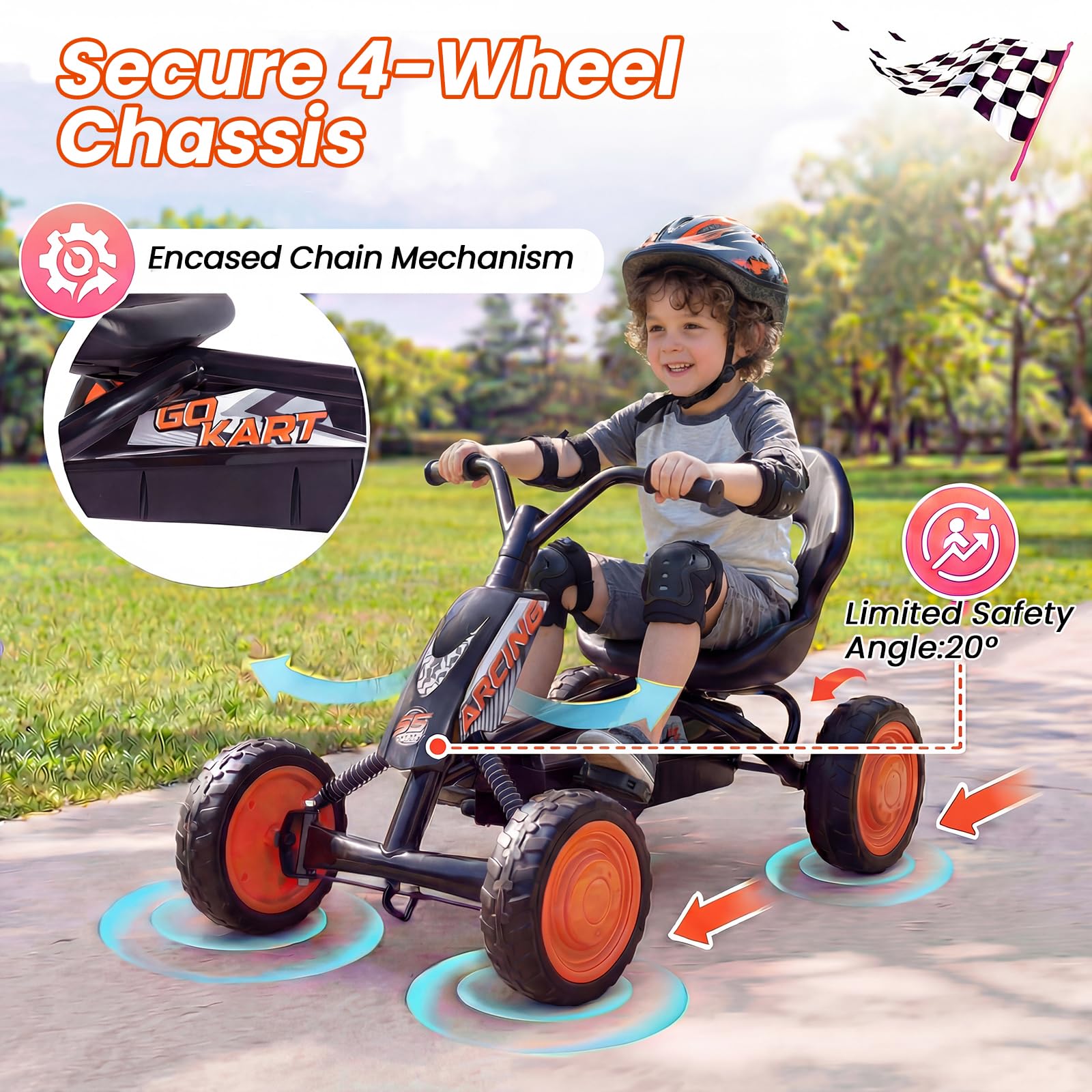KOMFOTTEU Go Kart per Bambini 3-8 Anni, con Sedile Regolabile, Nero