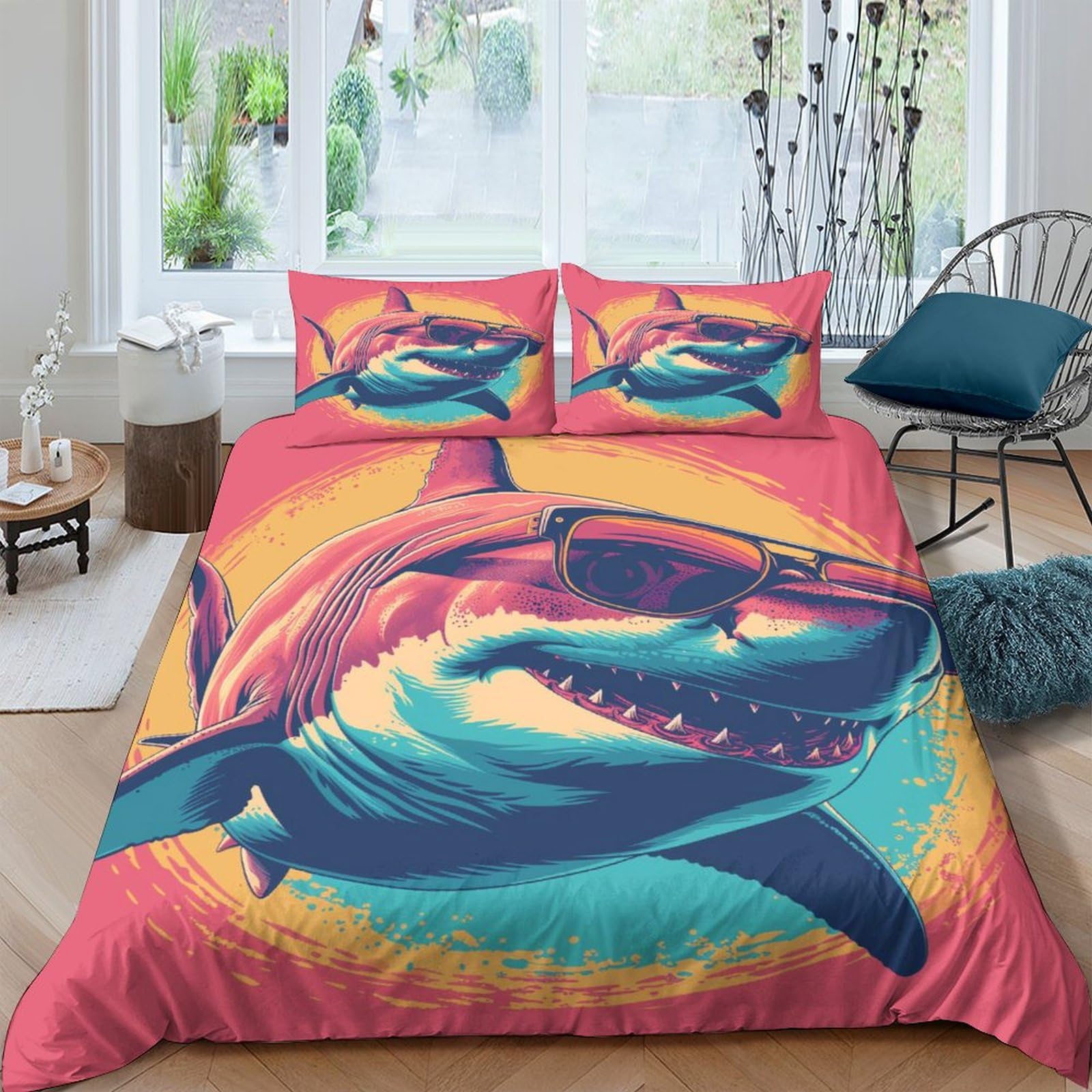Parure de lit requin 3D 200x200 housse couette microfibre respirante et taie d'oreiller lit double