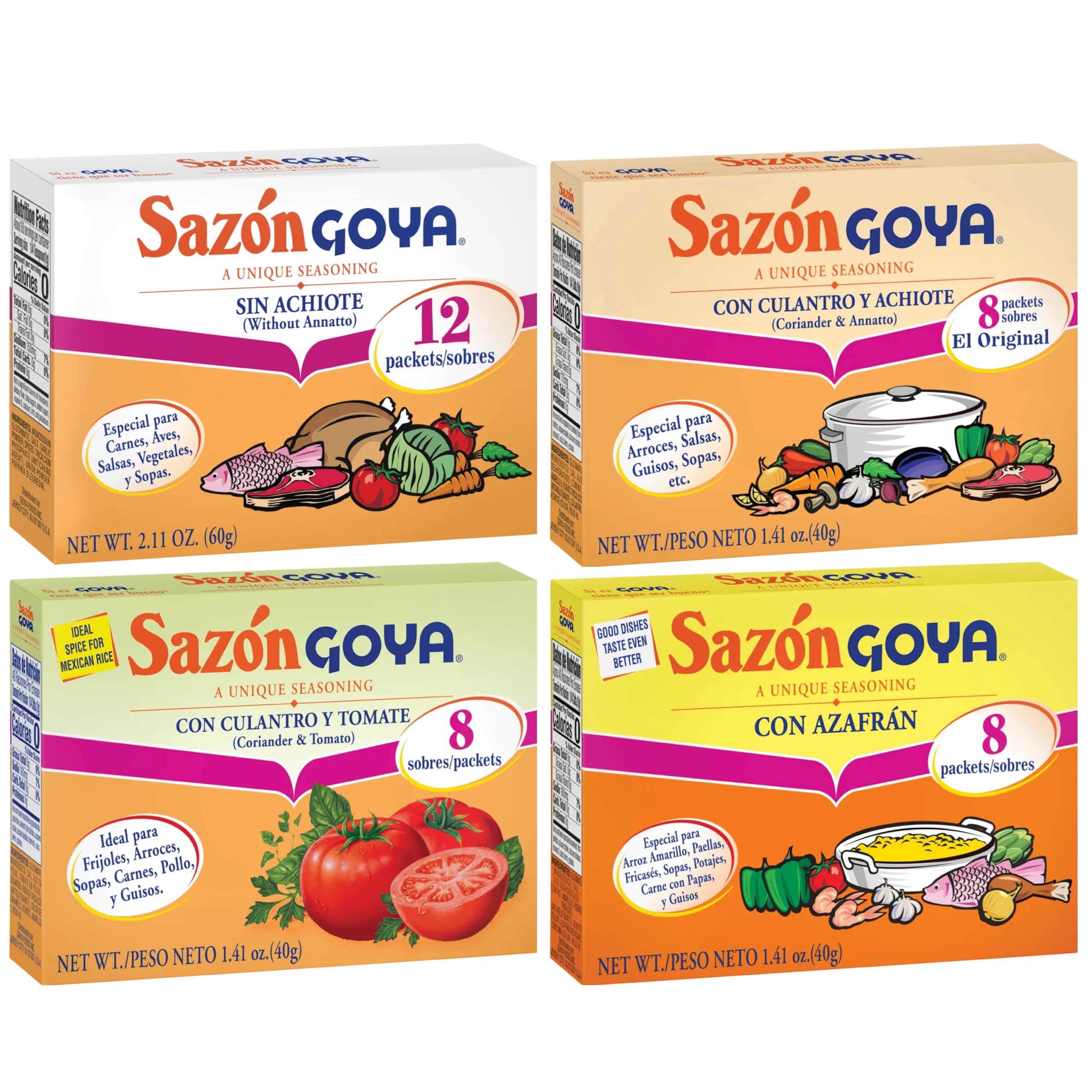 Sazon Goya Unique Seasoning Variety 4-Pack Bundle, Culantro Y Achiote (with Coriander & Annatto),Con Azafran, Coriander and Annatto, Sazon Without Annatto and Cilantro Y Tomate(Cilantro & Tomato)