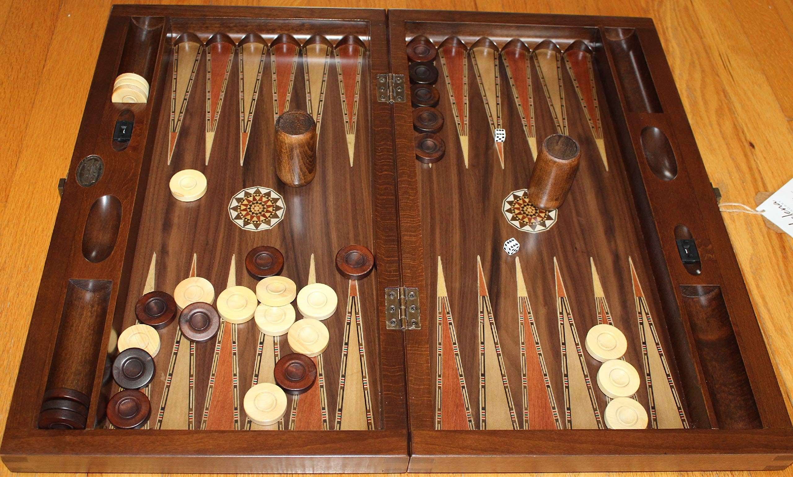 20" Handmade Wood & Mother of Pearl Inlaid Stained Wood Backgammon Set