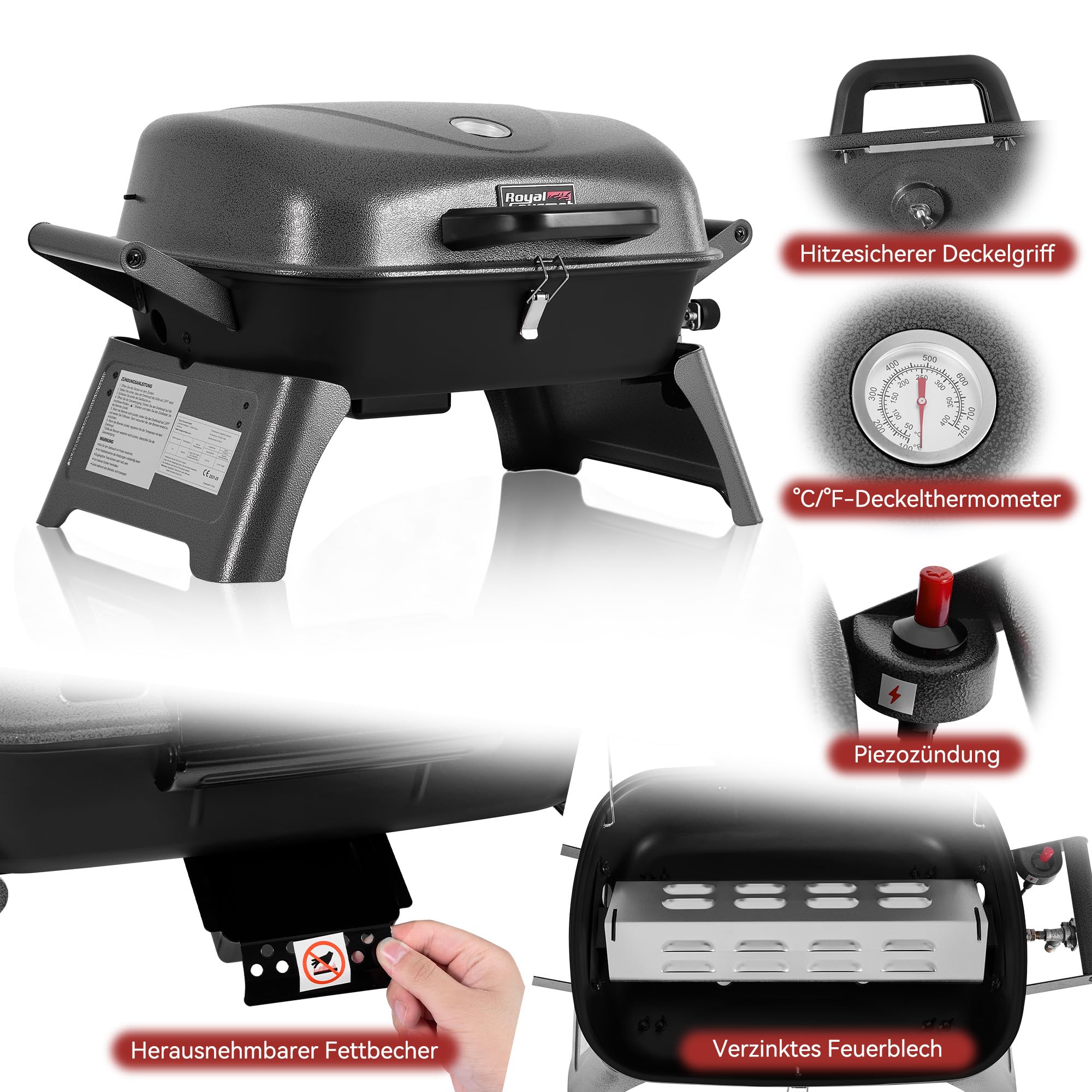 Royal Gourmet Gasgrill mit 3,5 kW, Tischgasgrill mit Griffen und Klappbaren Beinen, Tragbarer Campinggrill für Garten, Balkon