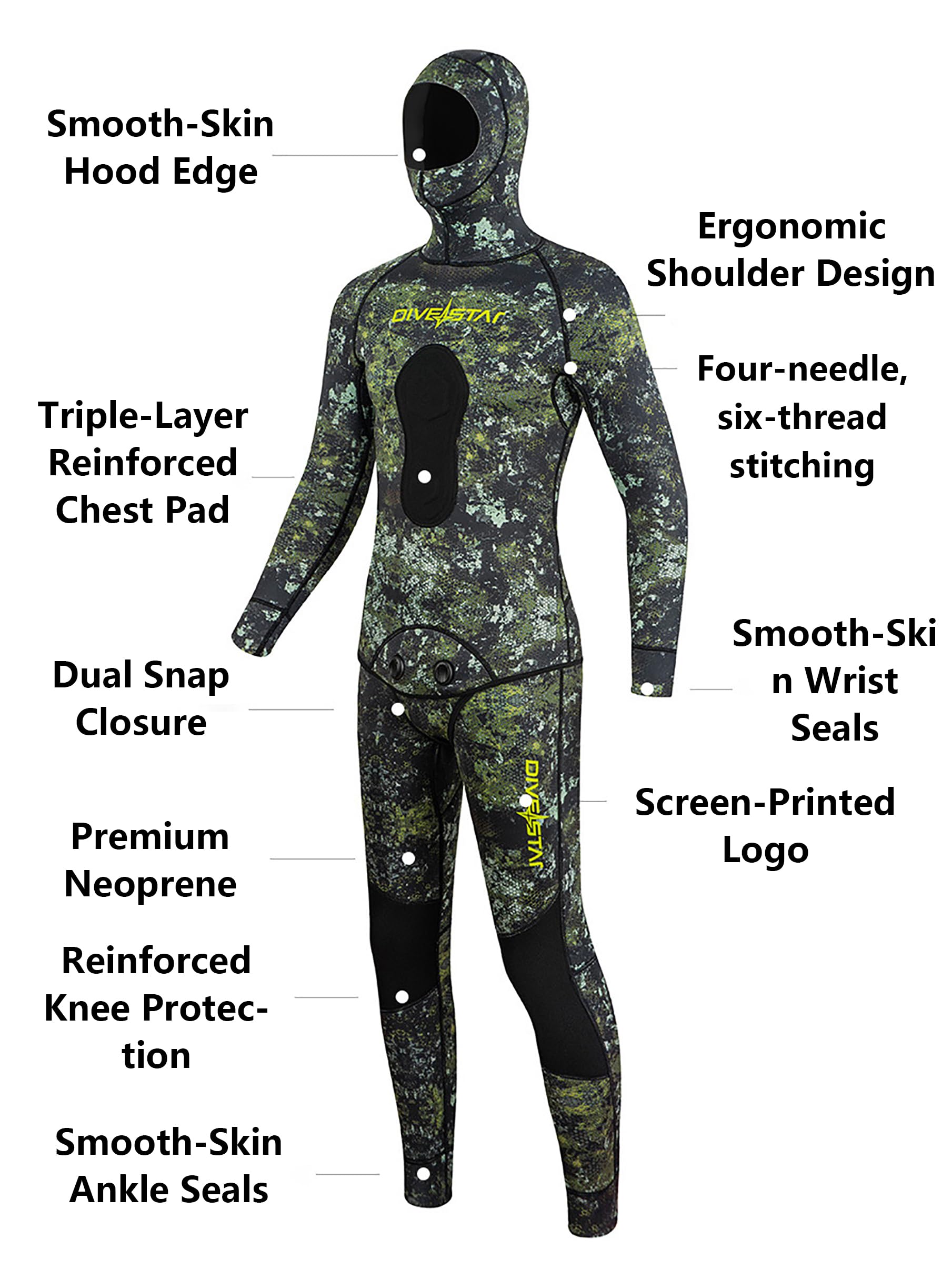 Muta da Pesca Sub 3 mm, 2 Pezzi con Cappuccio Mimetico e Pantaloni | Neoprene termico mimetico, cuciture Flatlock, pettorale rinforzato, vita alta, ginocchia antiabrasione