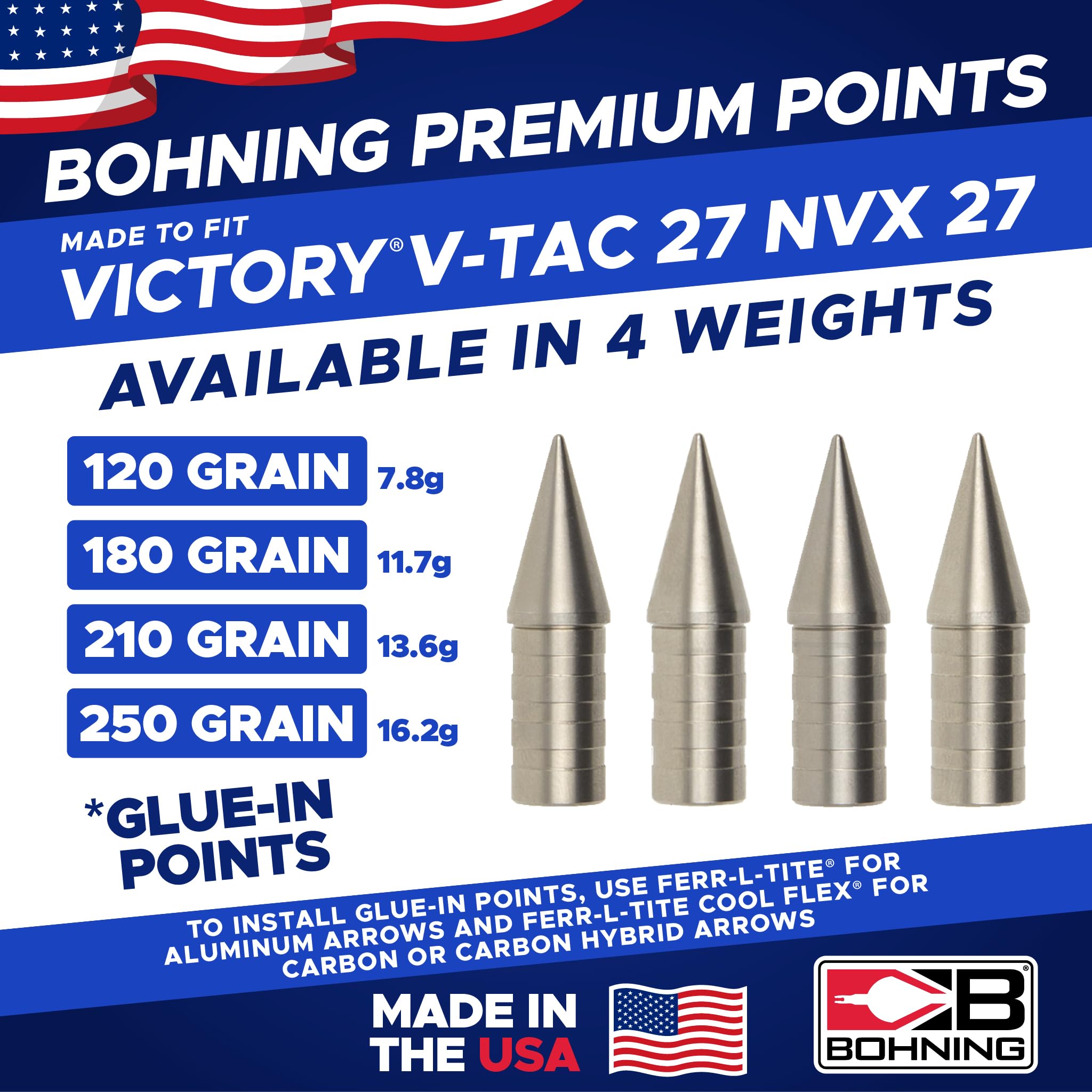 Bohning Match Grade Glue-in Points for Black Eagle® PS27, 210 Grain, 12pk