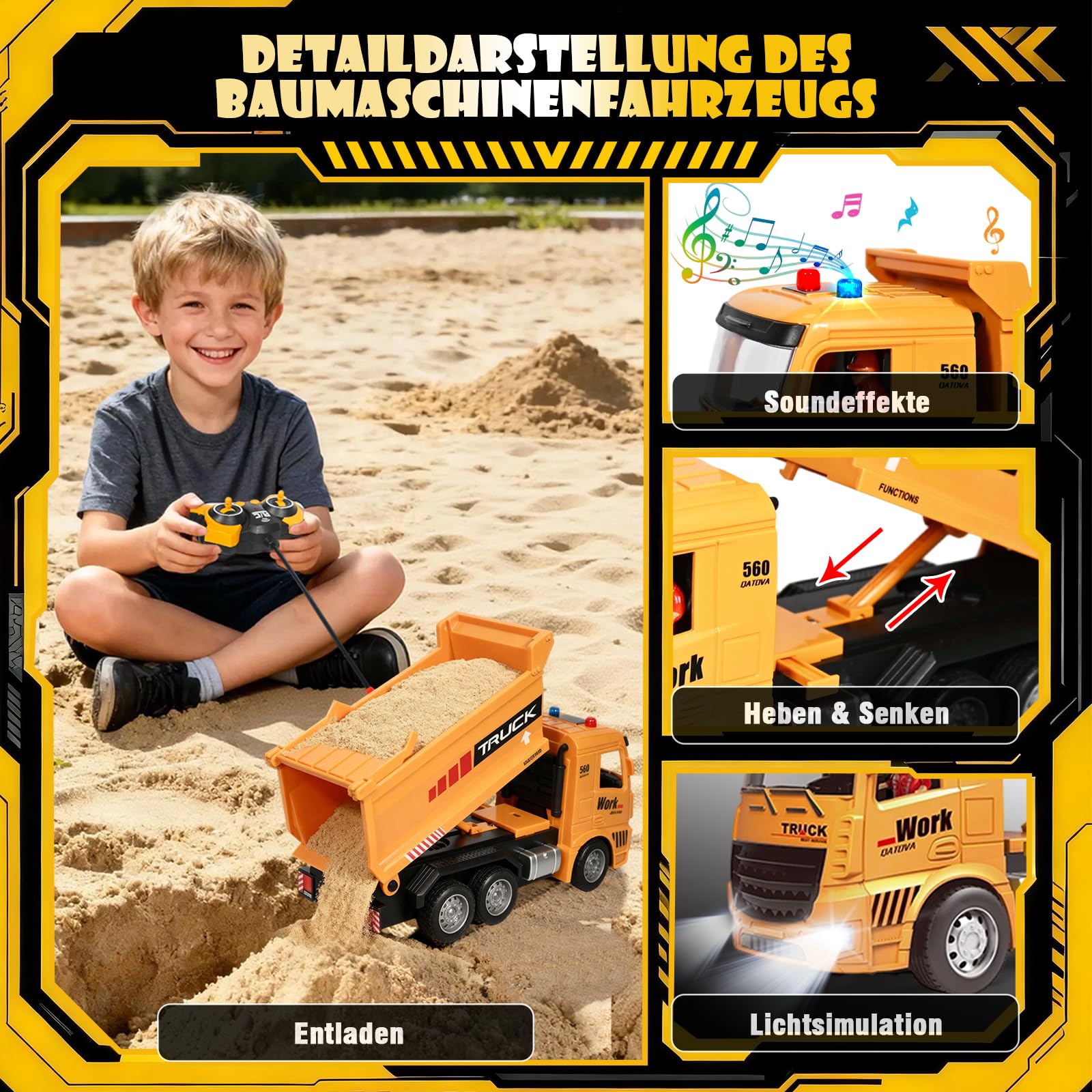 HILKKET Gru a Torre Telecomandata 138 cm, RC Gru a Torre, 2,4 Hz, 6 Canali Grue Telecommandée, Crane De Chantier Enfant con RC Dumper, Luci, Suono Grue Radiocomandata pour Enfants