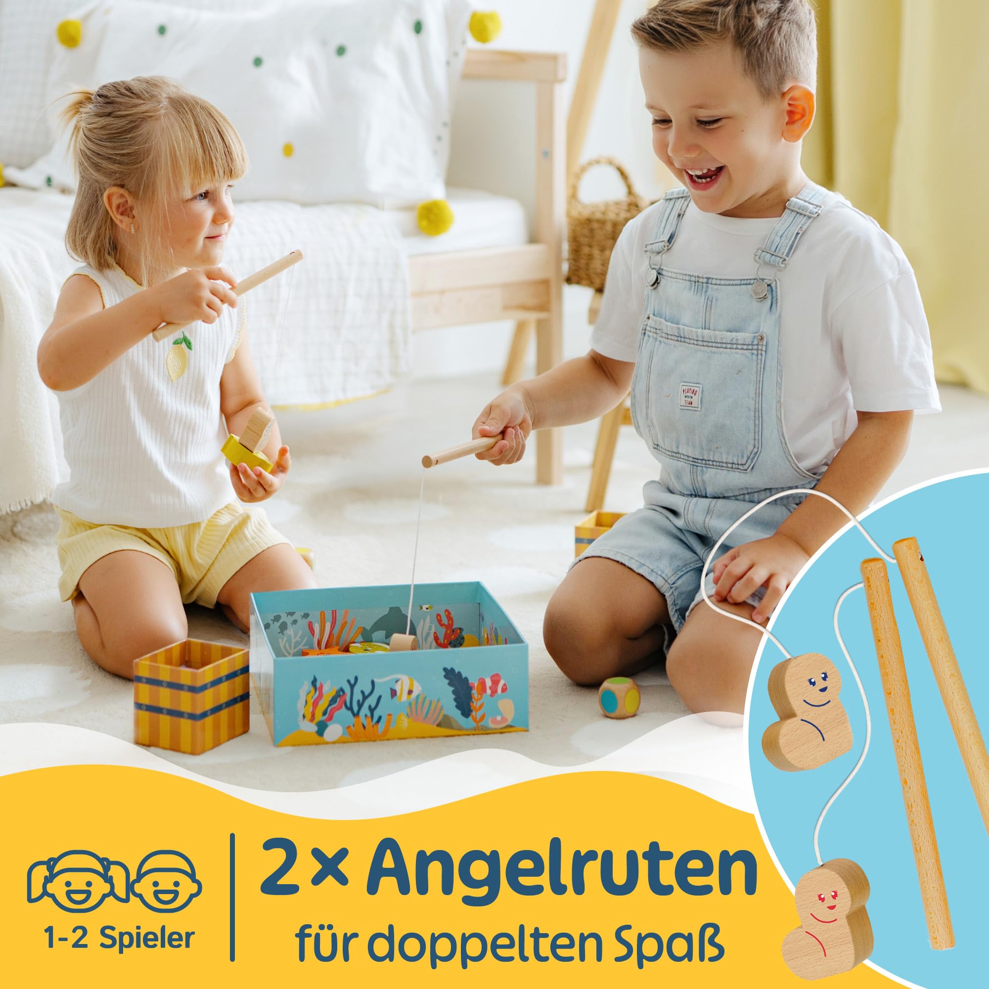 Merle Toys® Magnetisches Angelspiel ab 2 Jahre, 100% FSC, Angelspiel aus Holz mit 2 Angelruten, Montessori Spielzeug ab 2 Jahre, Fische Angeln Spiel, Geschenk für Mädchen und Jungen