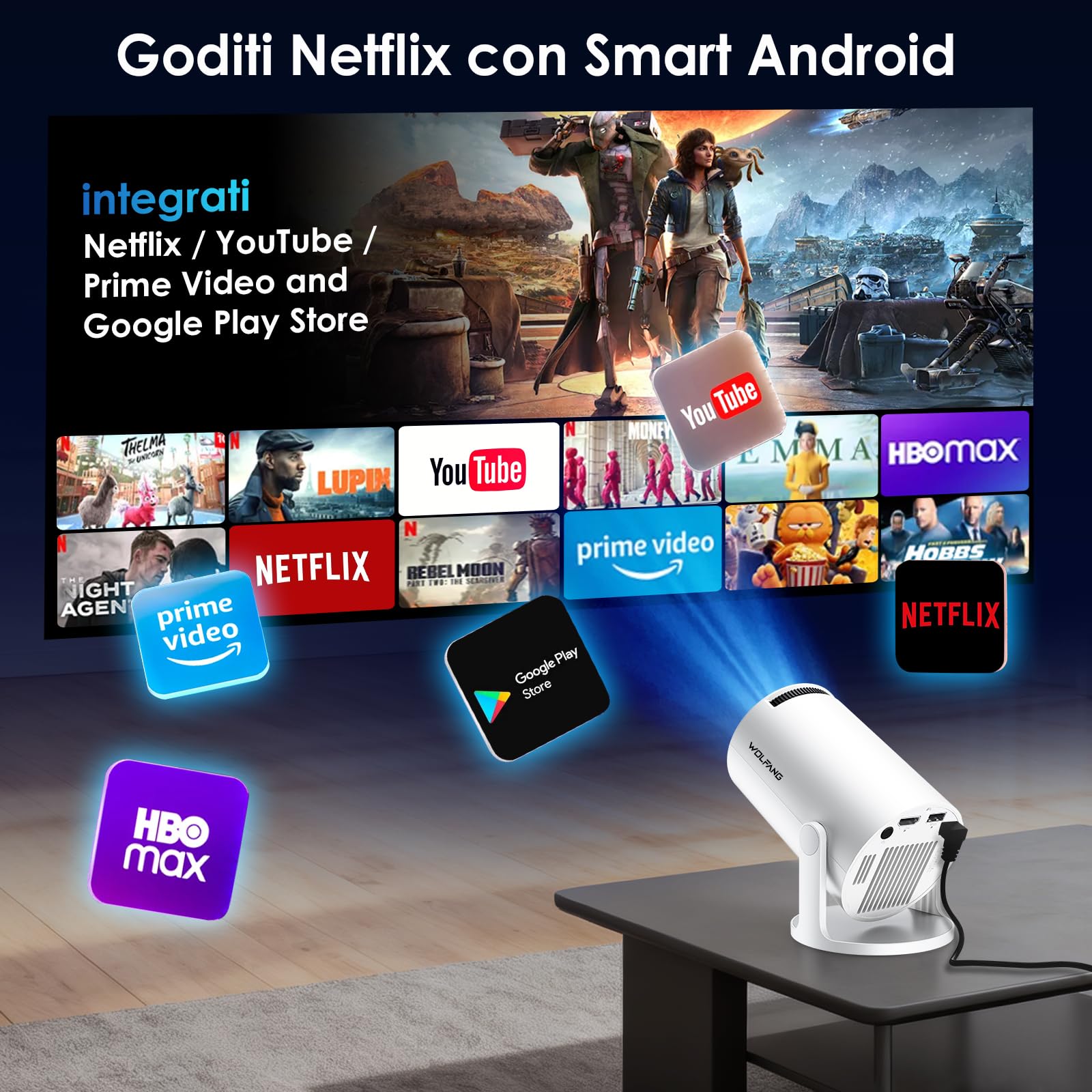 WOLFANG Mini Proiettore【App Integrate & WiFi 6】Videoproiettore Portatile 1080P con Bluetooth e Trapezoidale Verticale Auto, Proiettore da camera da letto a 180° compatibile con iOS/Android/PC/TV Stick