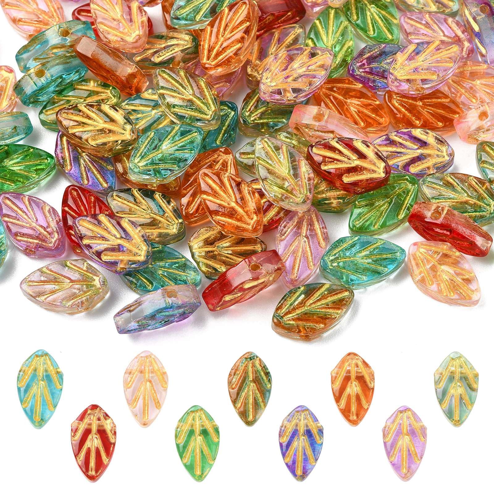 Stiesy 90Pcs Handmade Lampwork Leaf Beads with Golden Metal Edge, 9 Colors Leaves DIY Craft Beads for Unique DIY Jewelry Making and Craft Designs