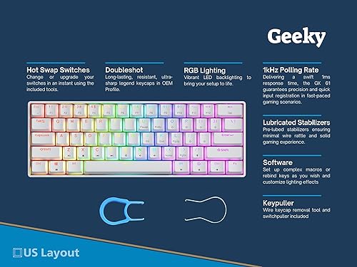 Miniatura 2 de Geeky GK61 60%  Teclado mecánico para juegos intercambiable en caliente  61 teclas multicolor RGB LED retroiluminado para jugadores de PCMac  ANSI