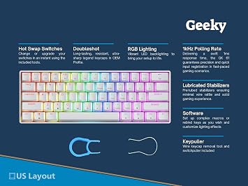 Geeky GK61 60% | Hot Swappable Mechanical Gaming Keyboard | 61 Keys Multi Color RGB LED Backlit for PC/Mac Gamer | ANSI US American Layout (White, Mechanical Black)