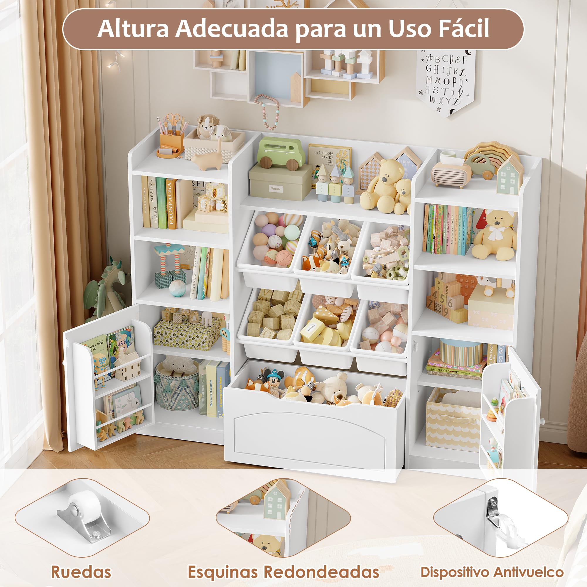 FOREHILL Mueble Almacenaje Juguetes, Organizador Juguetes, 6 Cajas, Blanco | Mueble Juguetes Organizador, 8 Compartimentos, 2 Estantes para Puertas, 1 Cajón Grande, 140.5x33x108.2cm