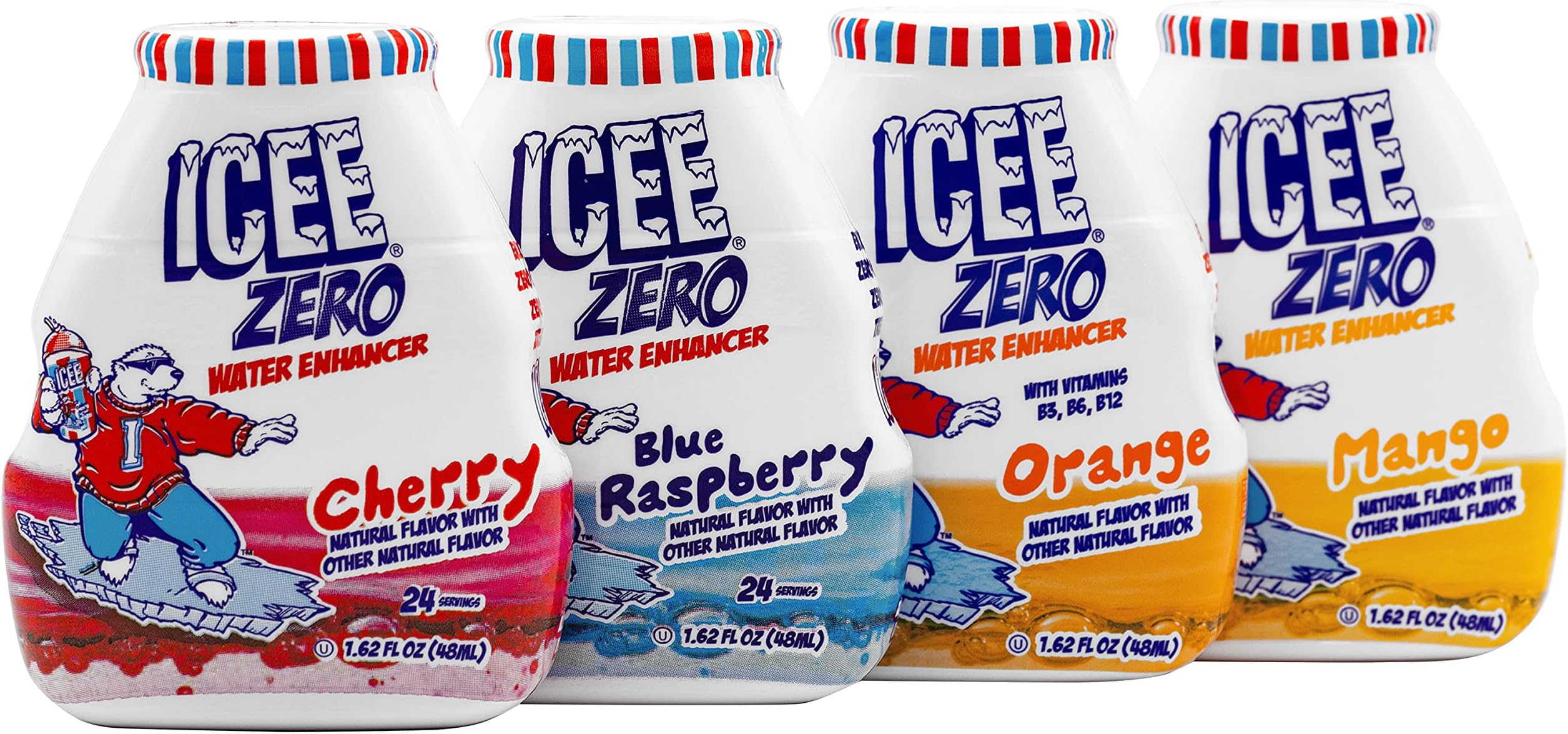 ICEE Zero Calorie Cherry, Blue Raspberry, Orange and Mango Liquid Water Enhancer Drink Mix, Natural Flavor Drops, Sugar Free, 1.62 Fl Oz Concentrate (48 ml) - 4 Ultimate Variety Pack