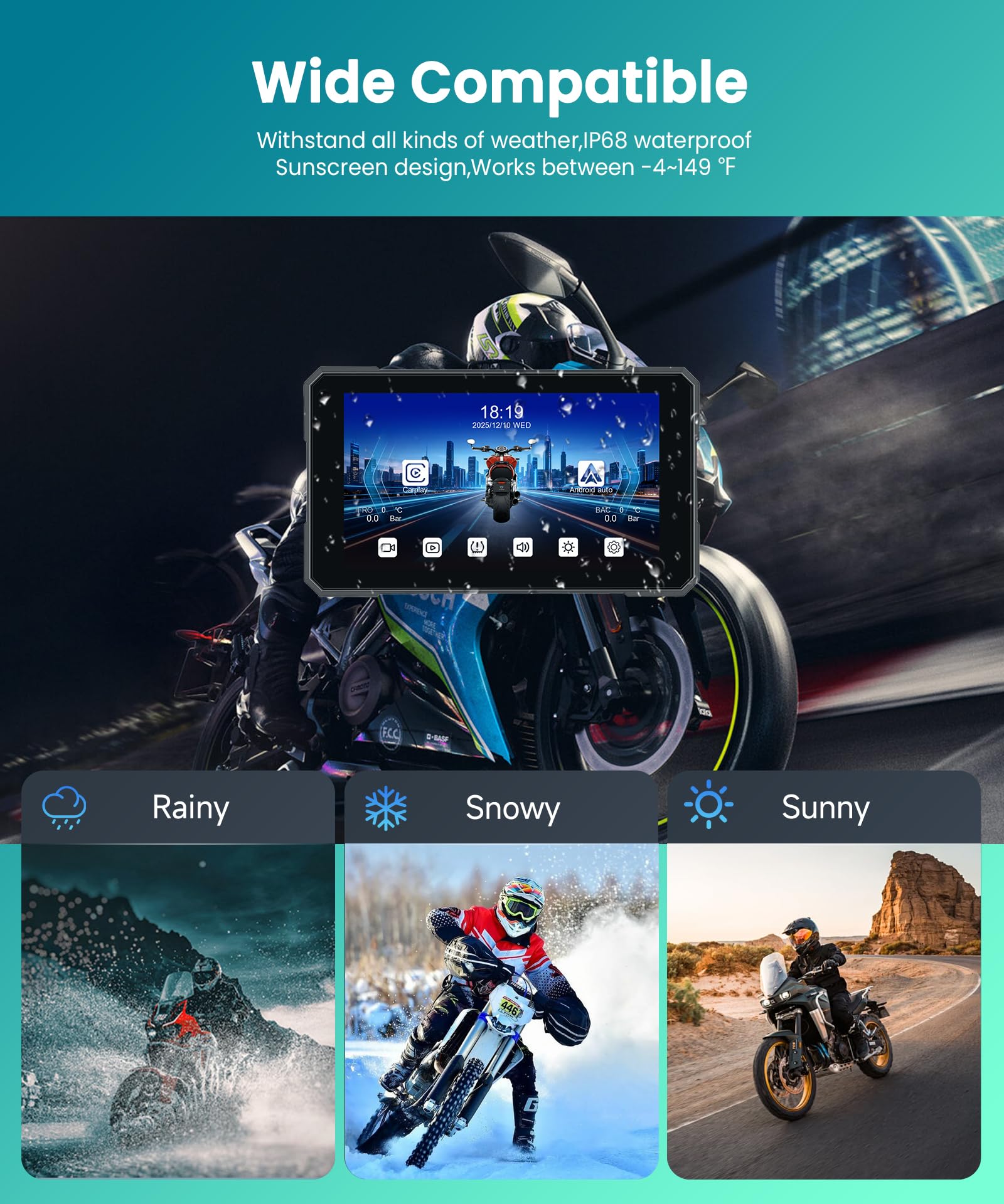 VECHTEL Motorrad Navi mit Zwei Kameras per Moto, 5'' HD Touchscreen GPS Navigation für Motorrad mit Kabelloses CarPlay und Android Auto DVR IP68 Wasserdicht Bluetooth EQ Assistente Siri/GOO-gle TPMS
