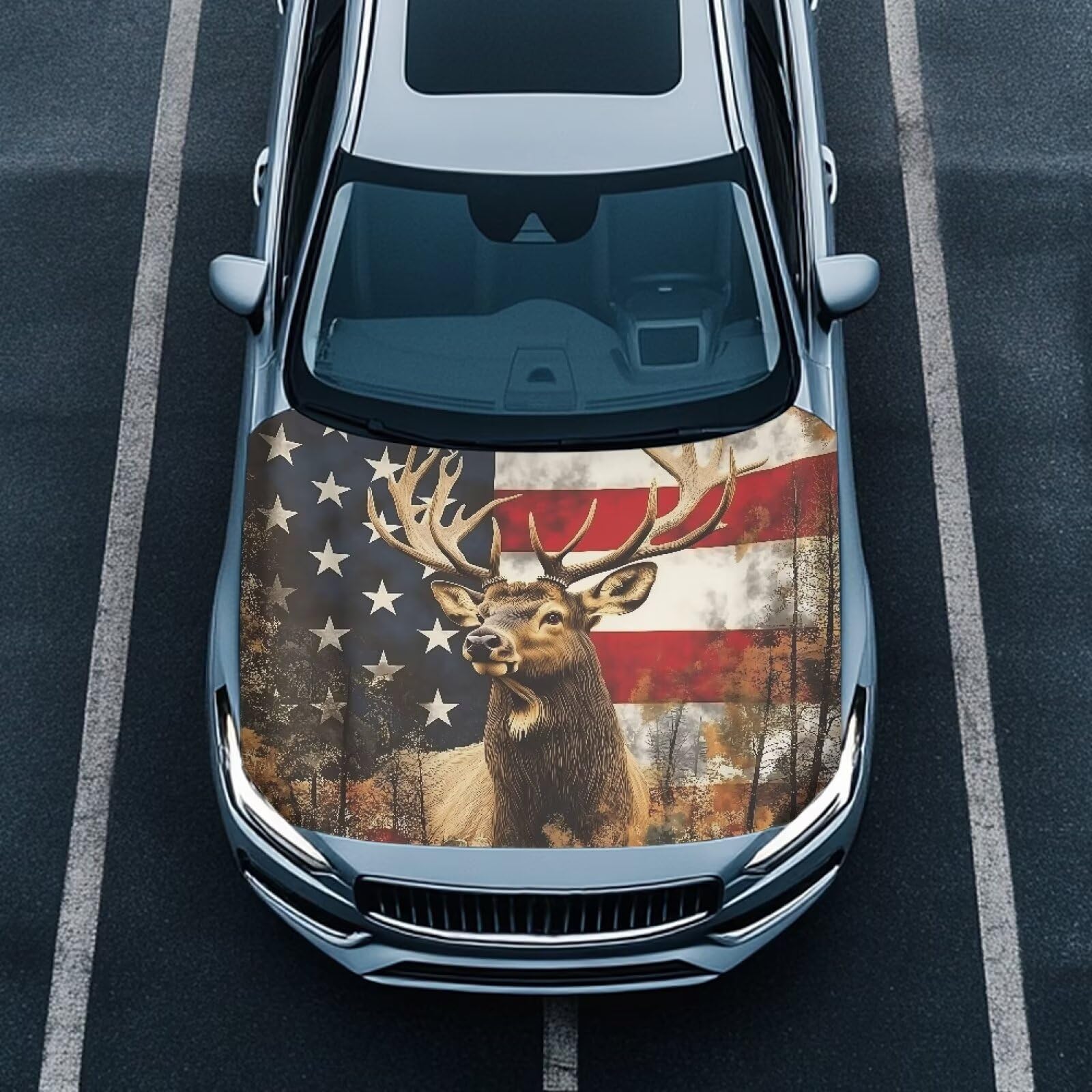 Car Hood Cover Protector 59×39 inches Stretchable Auto Hood Wrap Blankets, Deer and American Flag Auto Outdoor Decorations for Compact SUV Sedans Trucks