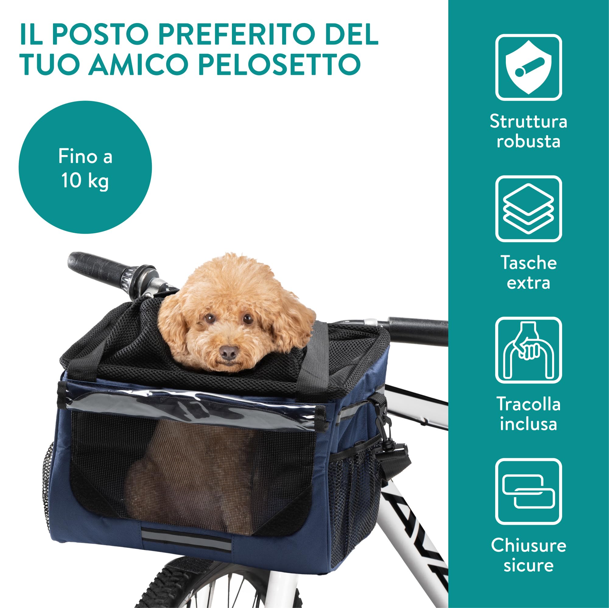 Navaris Trasportino per Cani - Cestino Bicicletta Anteriore - Cestino Bici per Cani 10 kg Sicuro e Stabile - Trasportino Cane con Cinghie di Fissaggio e Trasporto - Blu