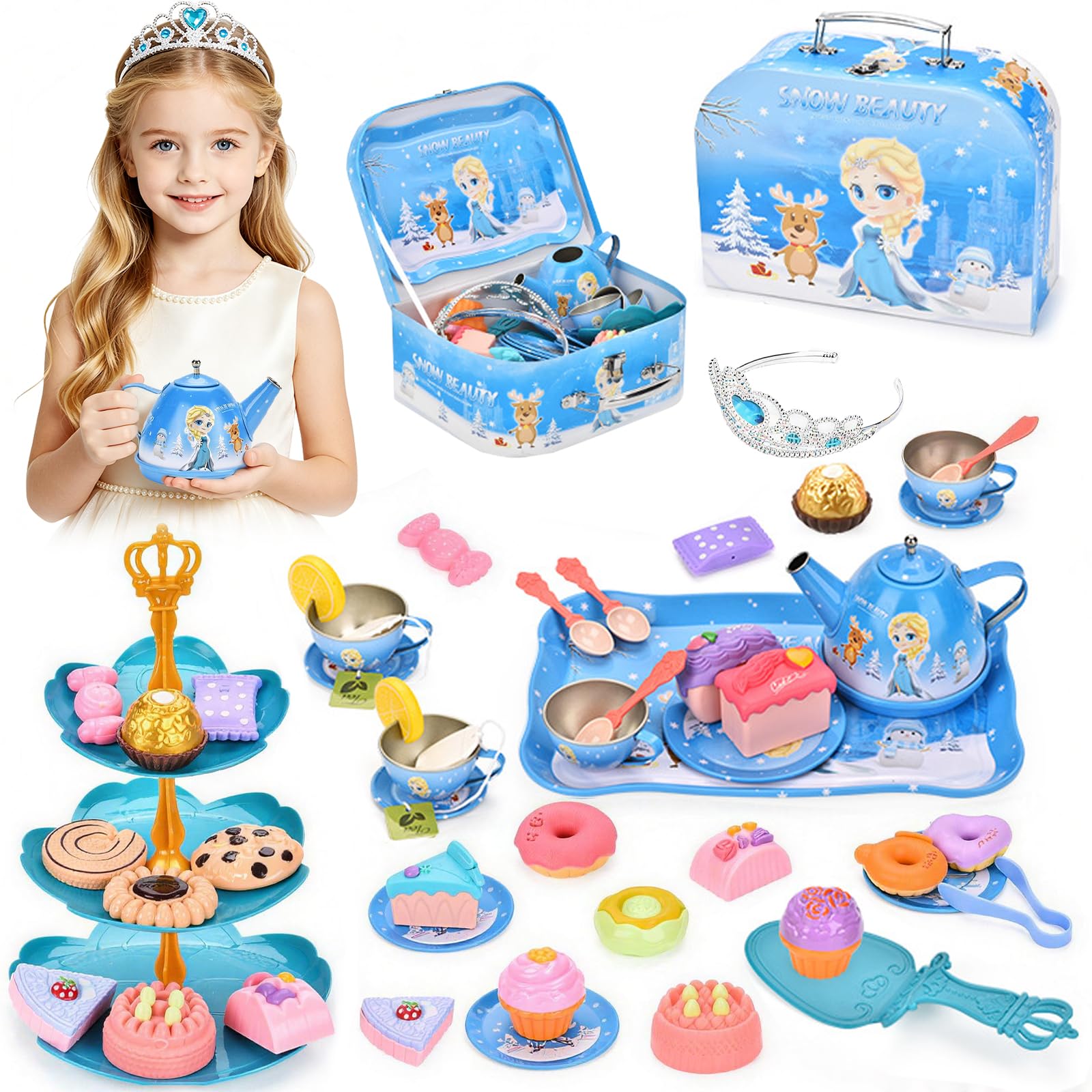 ROCKY&CHAO Kids Tea Party Set for Girls, Princess Tea Party Toy for Children 3-8, Pretend Play Tea Set with Carry Case, Dessert Stand, Teapot, Play Food & Accessories, Kids Role Play Toy Gift for Girl
