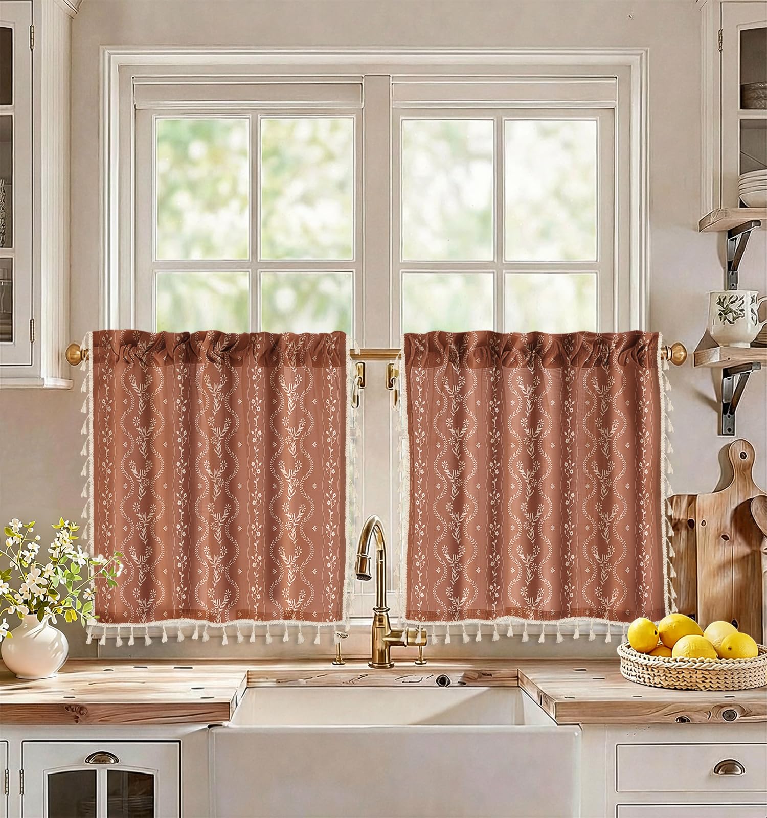 Miss Adola Boho Kitchen Tier Curtains, 24 Inch Length, Terracotta Floral