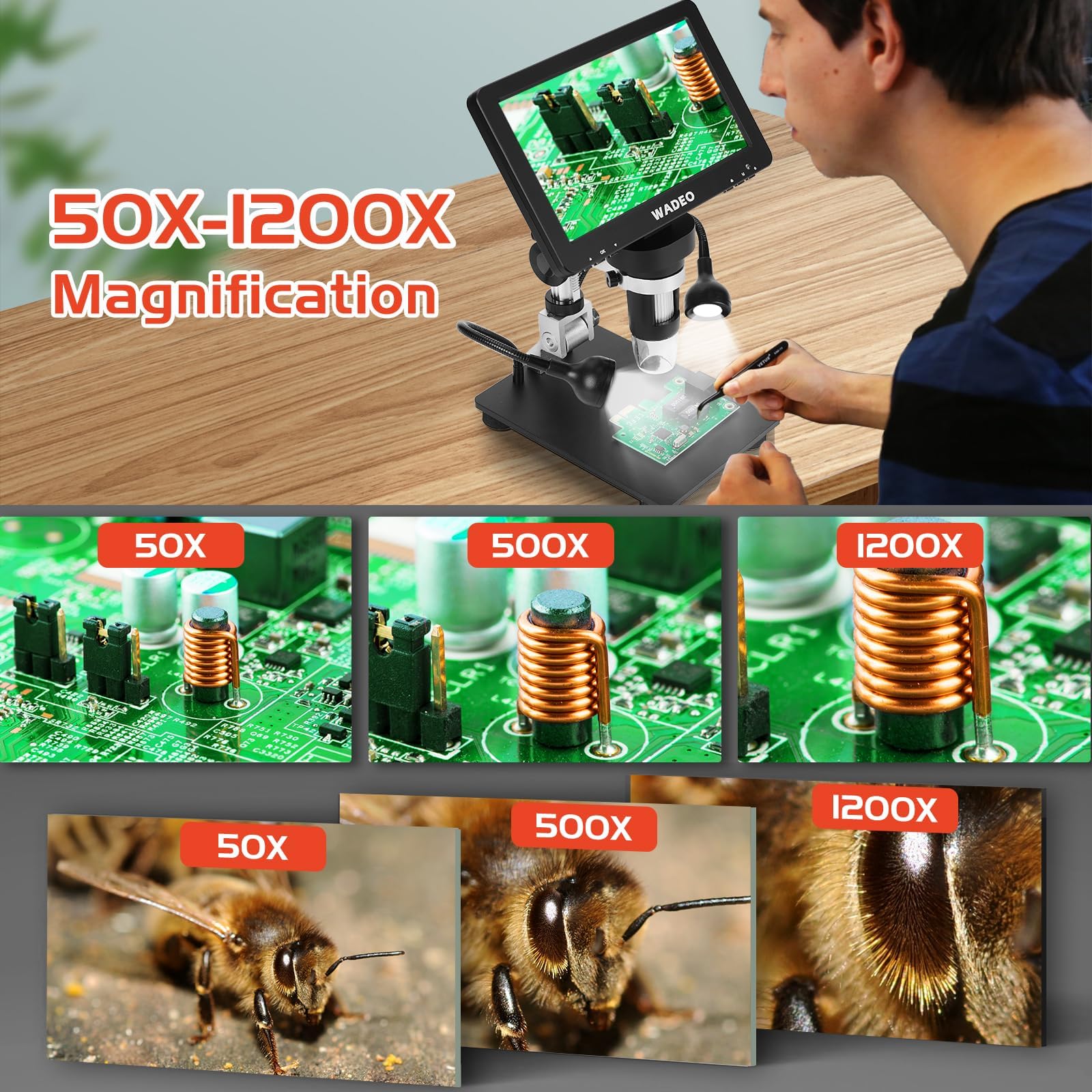 WADEO Microscopio Digitale Professionale, [7" Schermo LED] [1200X] Microscopio per Saldatura con 2 Lampade Regolabili, Scheda 32GB, Uscita HDMI per TV, PC, Windows, Mac (7" - 1200X - HDMI + USB)