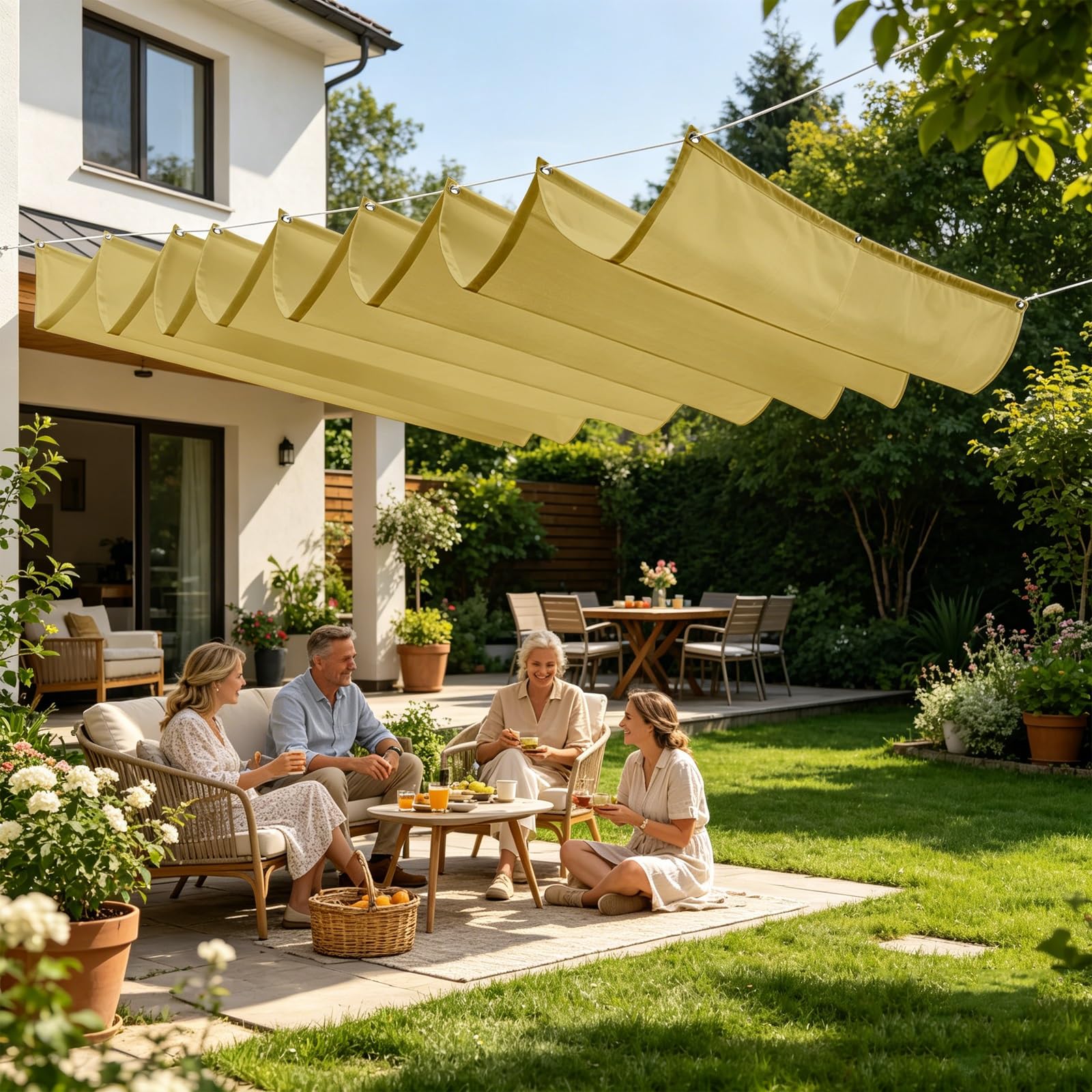 Toldo Retráctil Ondulado 100 x 1050 cm con Ojales y Cuerda, Vela Sombra Impermeable y Rectangular con Bloqueo UV y Resistencia a Desgarros para Jardín Porche Patio Barbacoa, Amarillo Arena