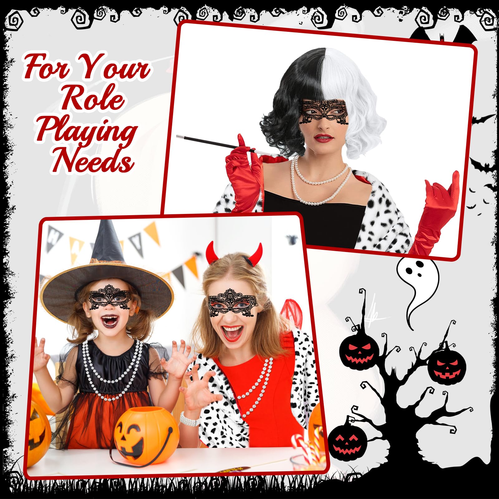 9 sztuk Cruella Zestaw cosplay dla kobiet, czarna i biała peruka, diabelski strój z peruką, maską, perłami, bransoletkami, rękawiczkami, szalikiem, papierosem i siatkowymi rajstopami na karnawał