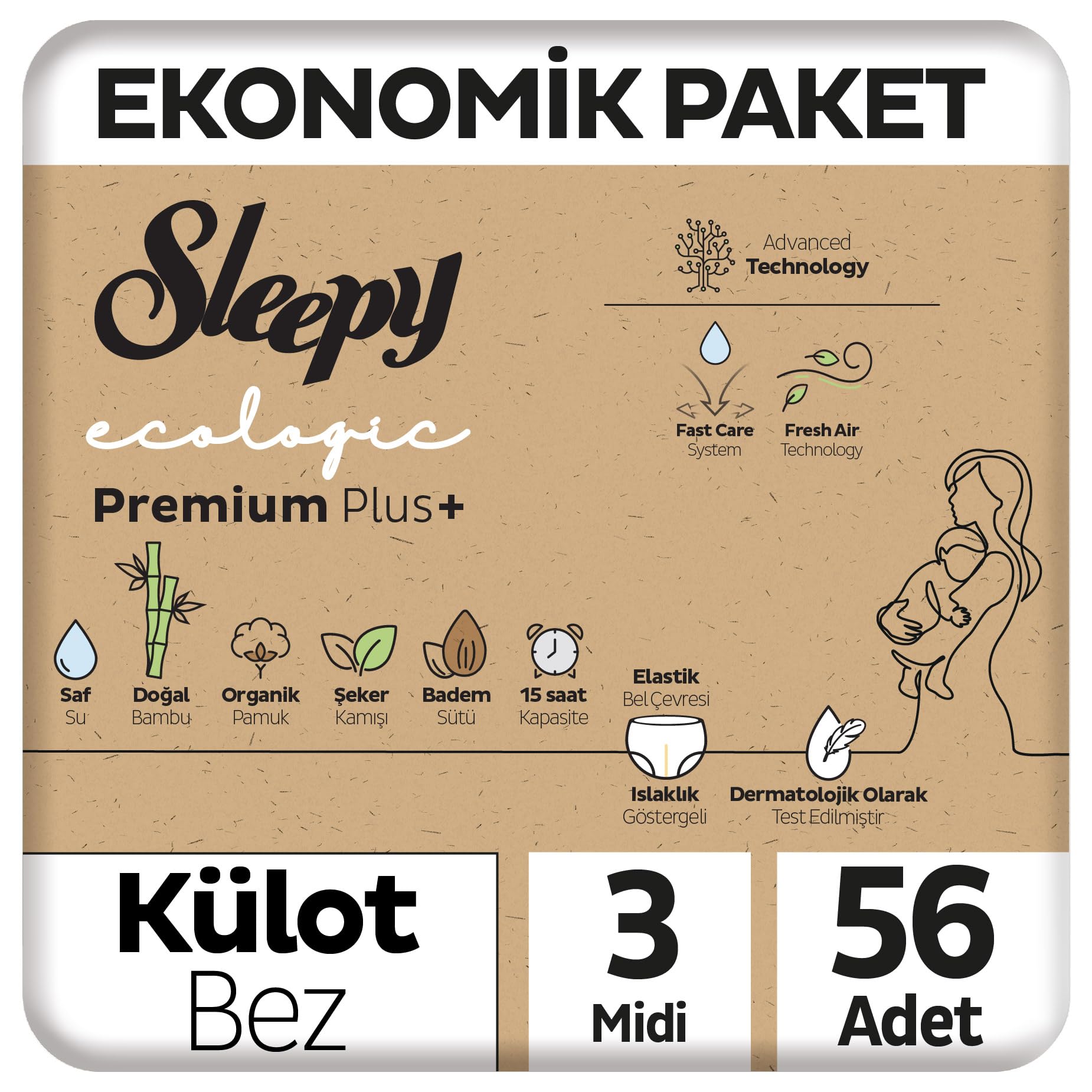 Sleepy Ecologic Ekonomik Paket Külot Bez 3 Numara Midi 56 Adet