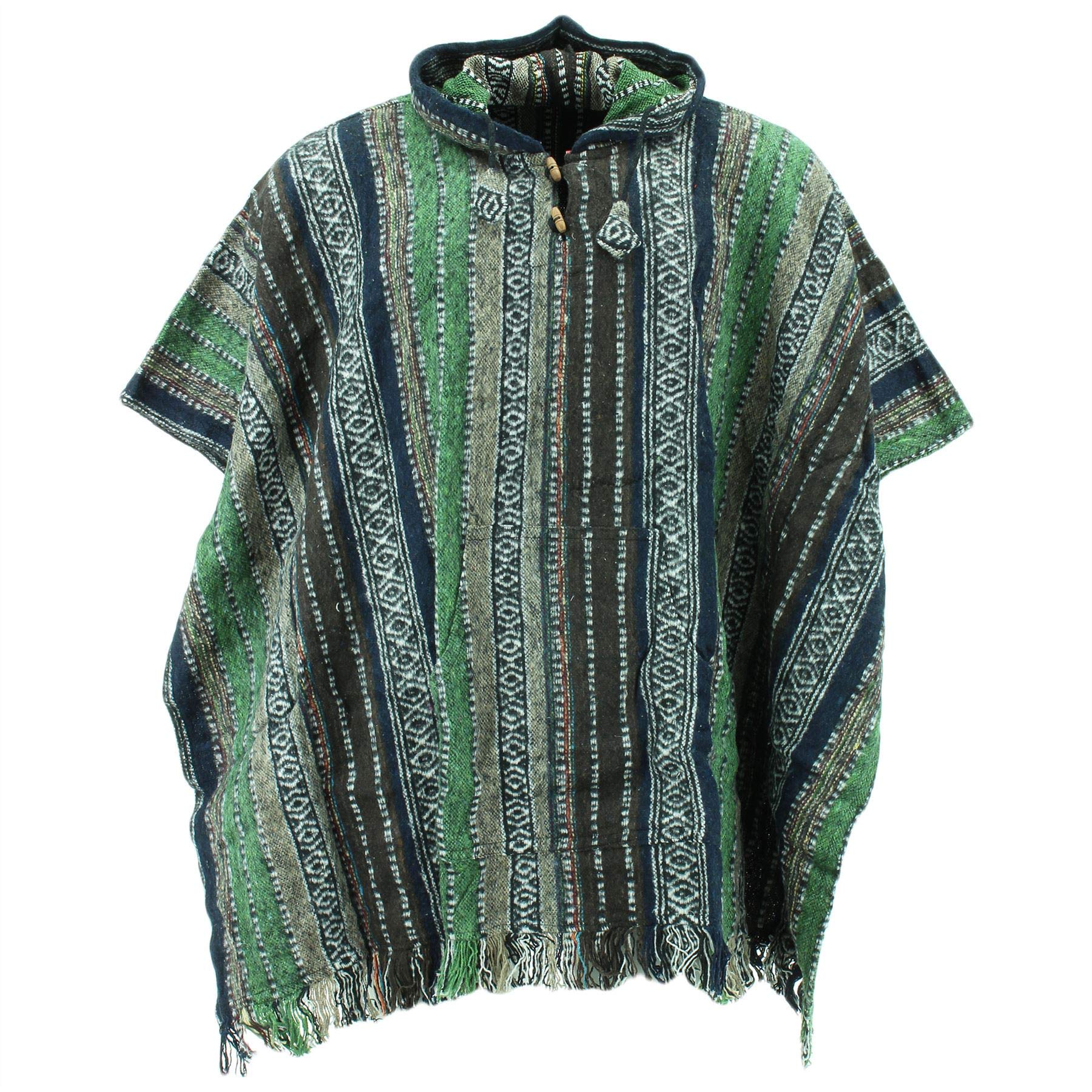 Loud Ponchos Green Woven Cotton Hooded Poncho Knee Length By Loud