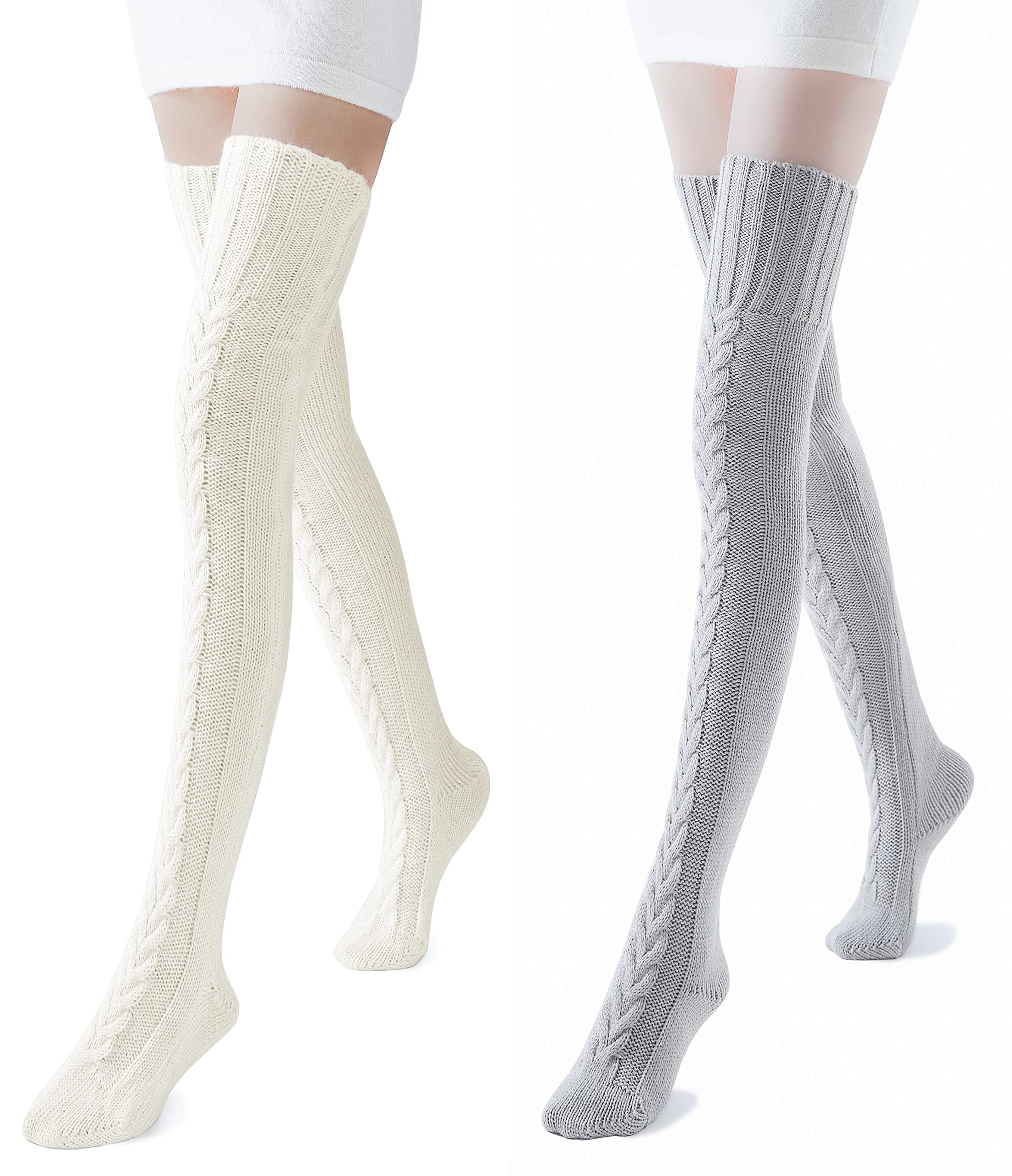 Pcavin Women's Thigh High Socks Over the Knee Cable Knit Boot Socks, Long Warm Fashion Leg Warmers Winter: One Size 2pcs-white&gray