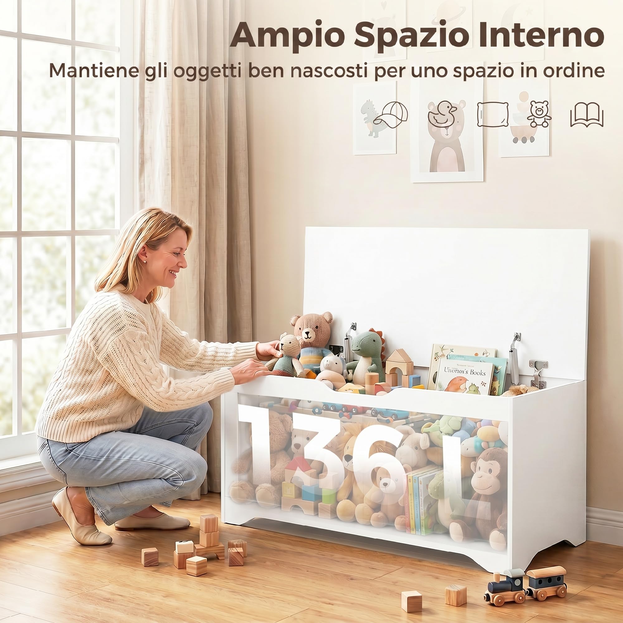 HOMCOM Cassapanca Contenitore da Interno 136L 100x40x45 cm Bianco | 2 Cerniere di Sicurezza, Baule Design Senza Maniglie, per Soggiorno e Ingresso, Panca Contenitore Moderna
