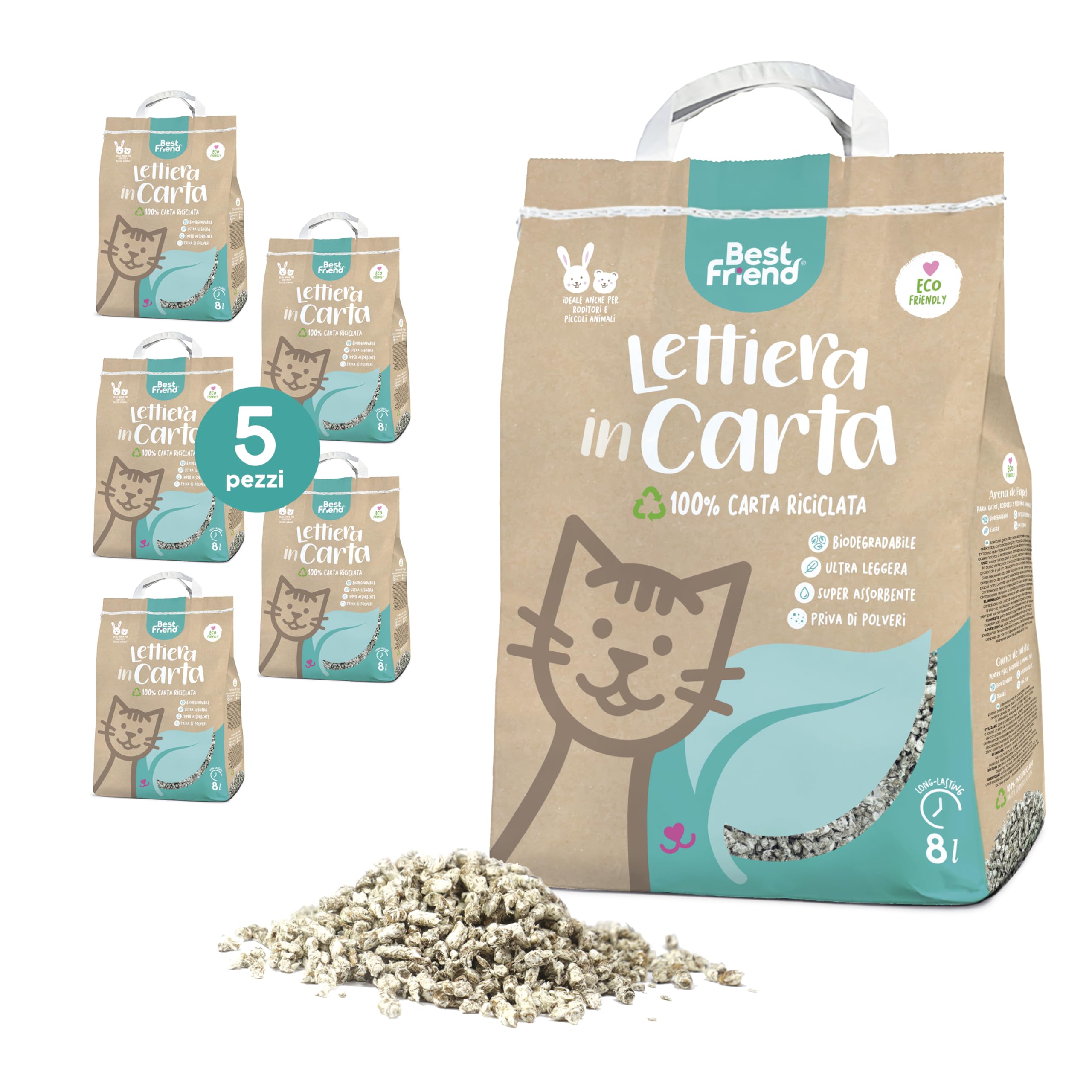 Best Friend - Arenero para Gatos de Papel. Arena para Gatos Extra Absorbente de Papel. Se Elimina en el orgánico o en el Inodoro. Arena para Gatos Libre de Polvo y súper Ligera. | Paquete de 5, 8 l
