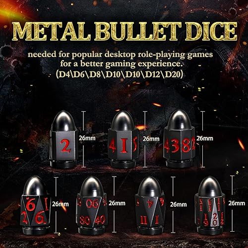Miniatura 5 de ZHOORQI D6 - Juego de dados de bala, dados de metal DND, dados de pistola D6, regalos para D y D, juegos de rol (7 números rojos)