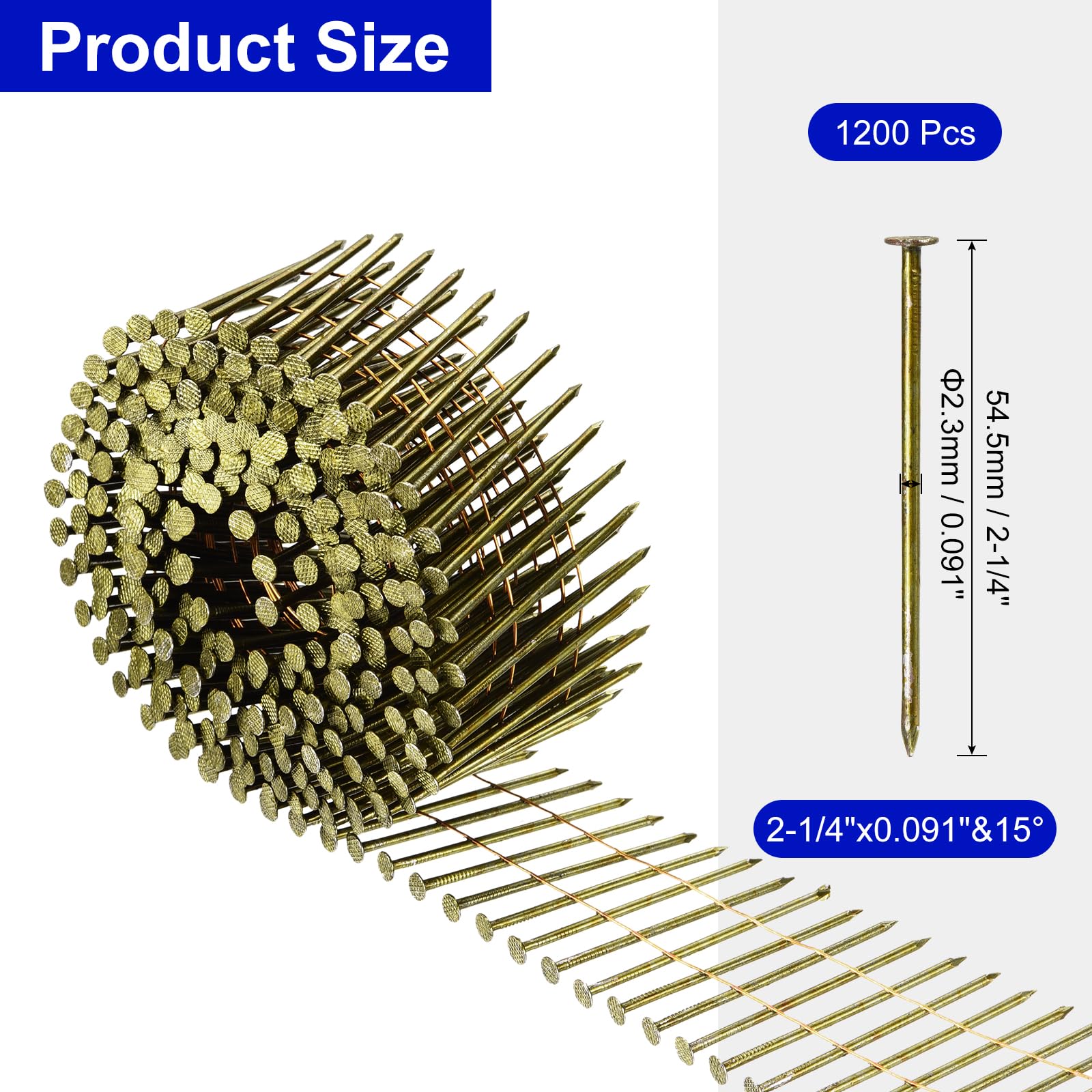 QUARKZMAN 1200 Count Clous Pour Bardage 2-1/4" x 0.091" 15-Degree Tige Annelée Tête Ronde Complète En Bobine Pour Lattage Et Matériaux De Revêtement