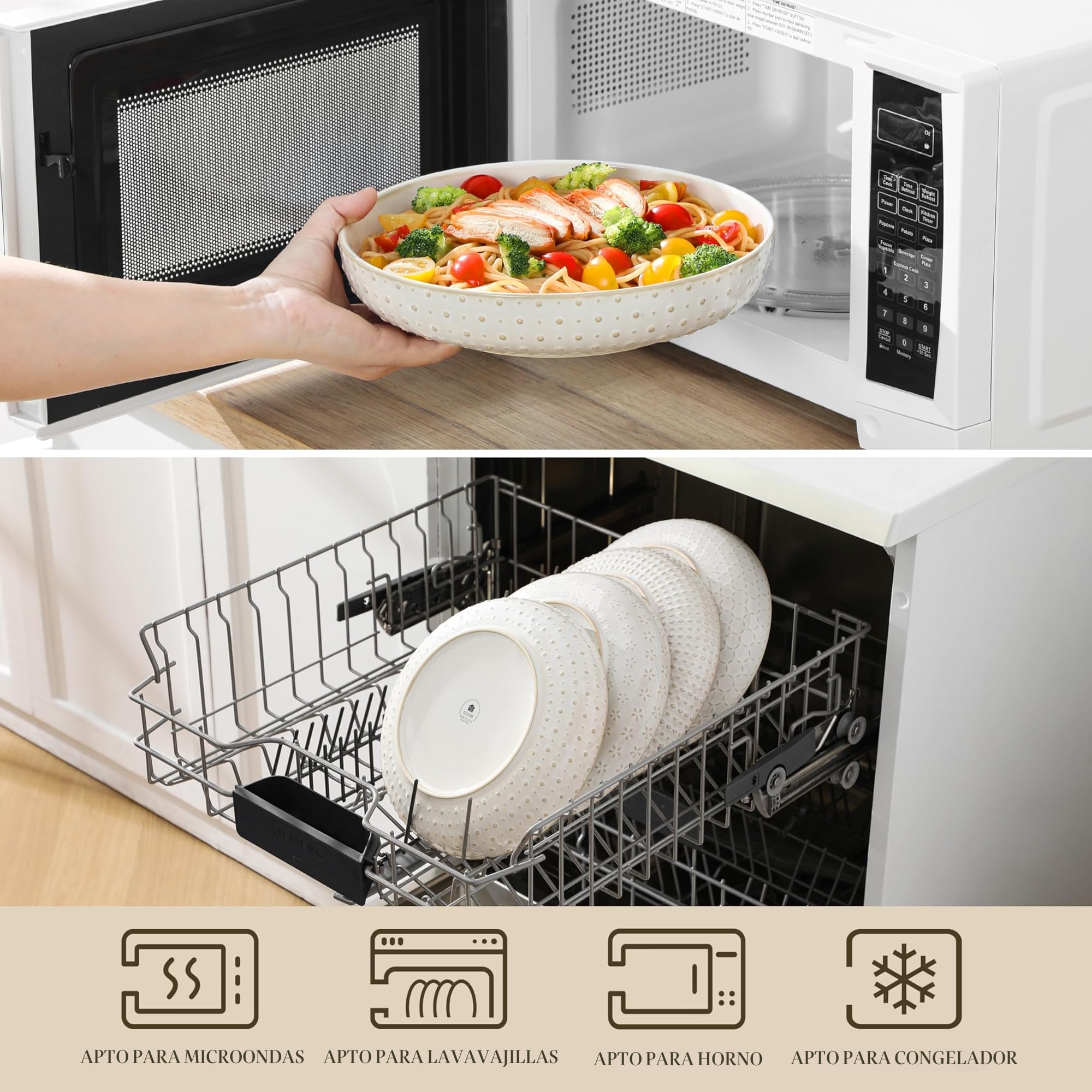 MALACASA Juego de 4 Cuencos para Pasta de Gres, 1570 ml Grande Platos Hondos para Pasta Ensalada y Sopas, Beige - Serie LYDIA