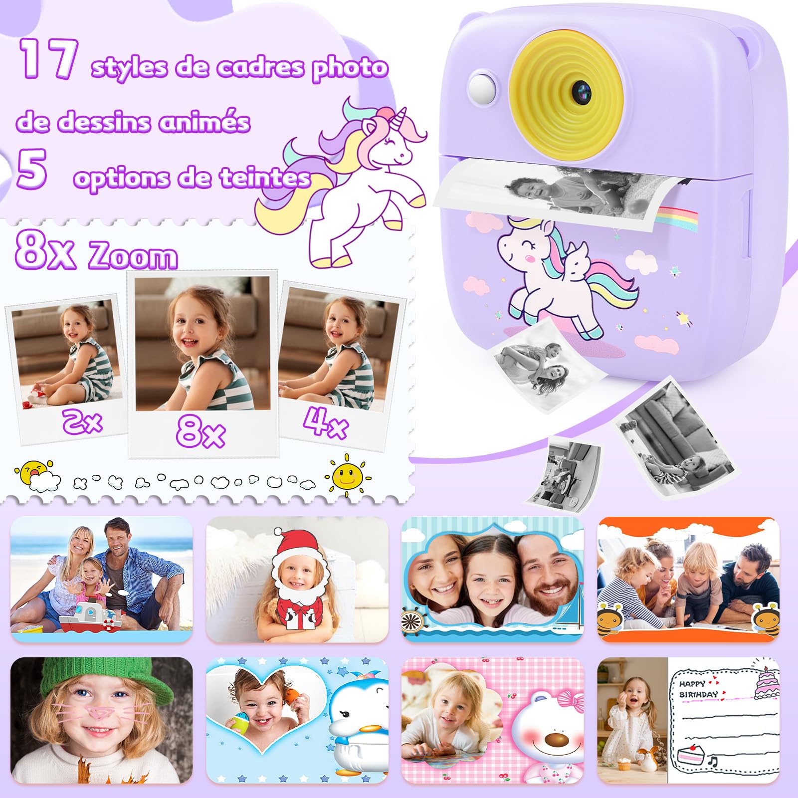 Aparat natychmiastowy dla dzieci, aparat natychmiastowy 48 MP dla dzieci z kartą 32 GB i papierem do drukowania, aparat cyfrowy dla dzieci 1080P, prezent dla chłopców - fioletowy