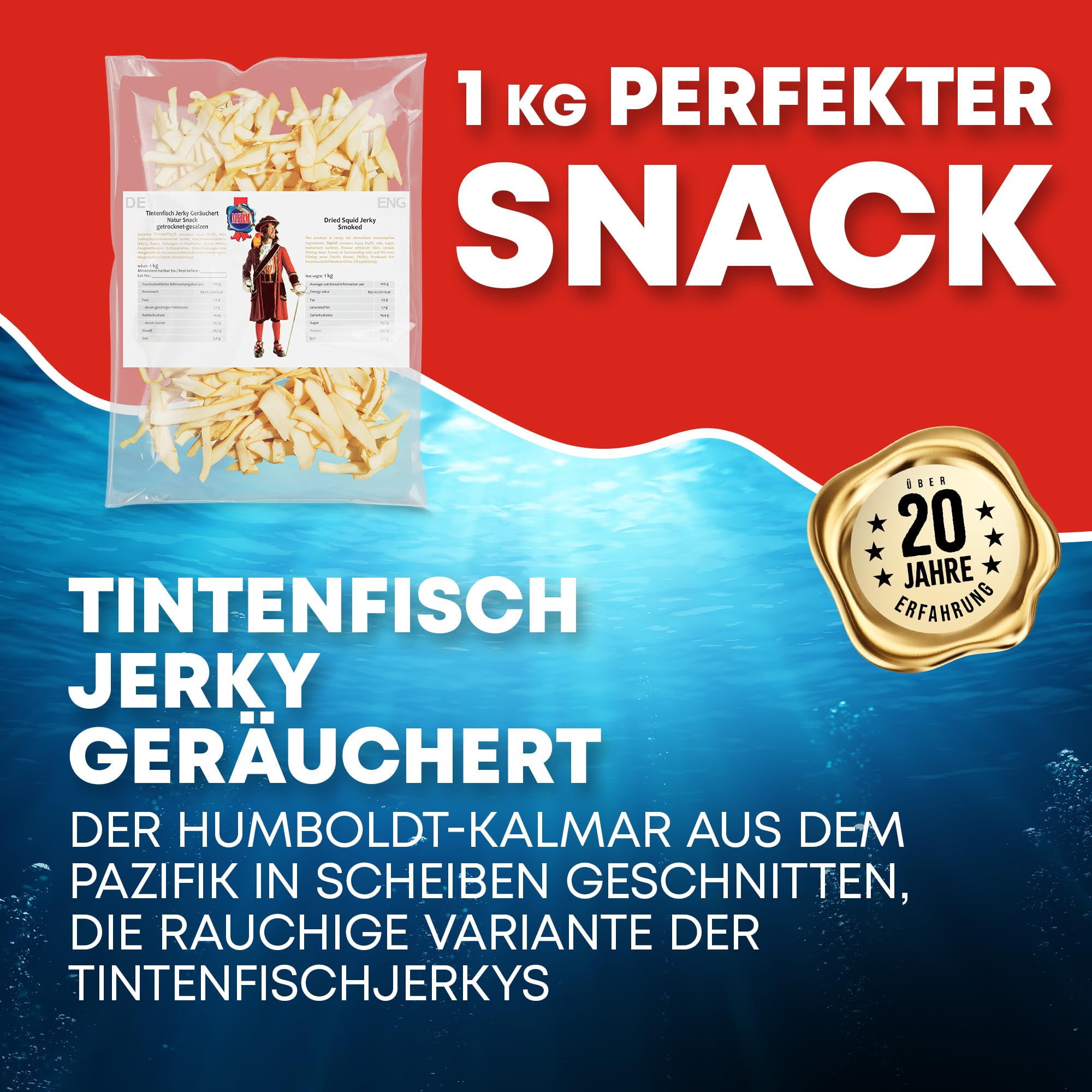 Tintenfisch Smoked (1kg XXL Pack) Fisch Jerky I High Protein I Snacks I Trockenfisch Omega 3 I Beef Jerky, Trockenfleisch & Chips Alternative