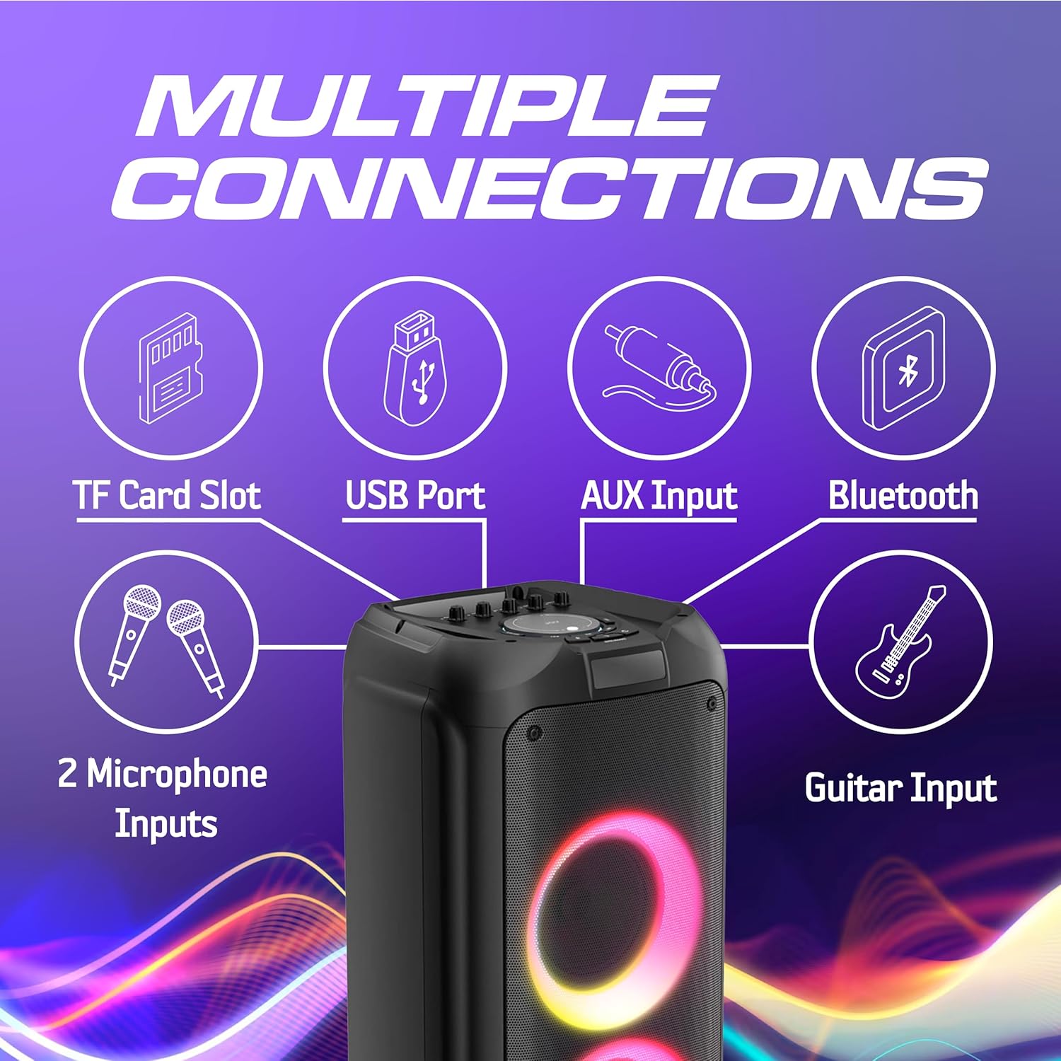 Philips Bluetooth Party Speaker, 120W Powerful Sound with Dynamic Bass Boost, 10 RGB Light Modes, Karaoke Mic & Guitar Inputs, FM Radio, USB/TF/AUX Playback, Portable Handle, Remote Control (Cordless)