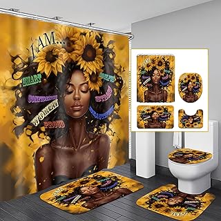 4 Pcs Sunflower Black Girl Shower Curtain Sets, Inspirational Words Afri...