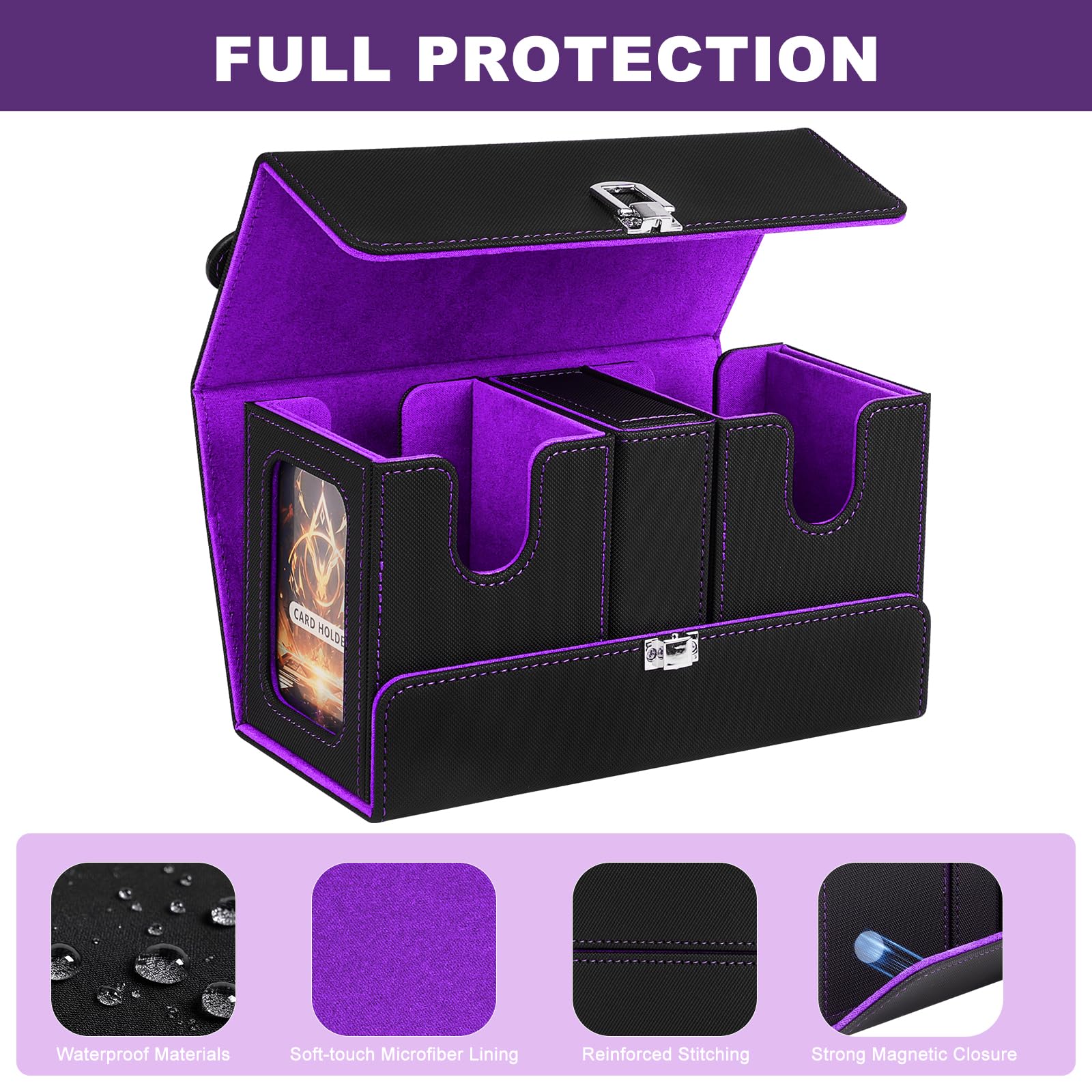Deck Box MTG / TCG 3-en-1 – Boîte de Rangement Cartes 200+ Double Sleeves, 2 Deck Box avec Plateau à Dés et Fenêtre Commandant, Porte Cartes à Collectionner en Cuir PU Magnétique, noir et violet