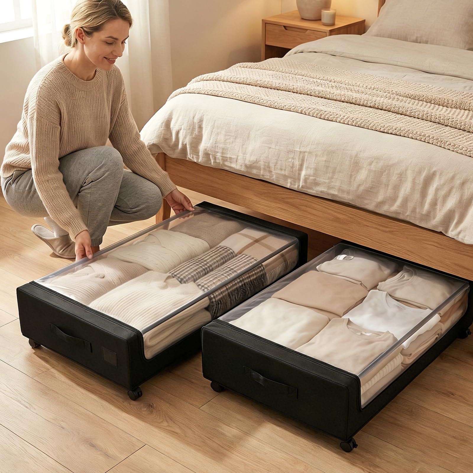 Sekey 2 Stück 50L Unterbett-Aufbewahrungsbox mit Rollen, Kleiderschrank Organizer Aufbewahrungstasche, Metallrahmen & Durchsichtigem Deckel, Rollbare Bettkasten für Kleidung/Bettwäsche, Schwarz