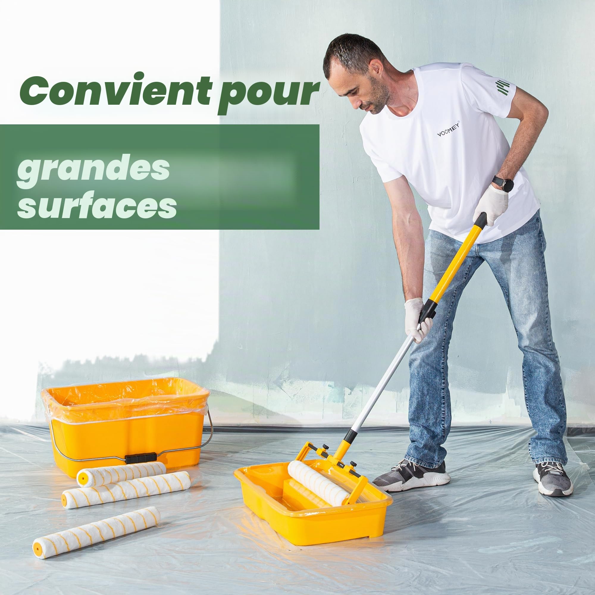 VOOMEY Kit de 13 rouleaux de peinture de 45,7 cm, seau de peinture de 45,7 cm et plateau de peinture, grand cadre de rouleau de peinture avec manche d'extension de 1 m, revêtement de bac à peinture