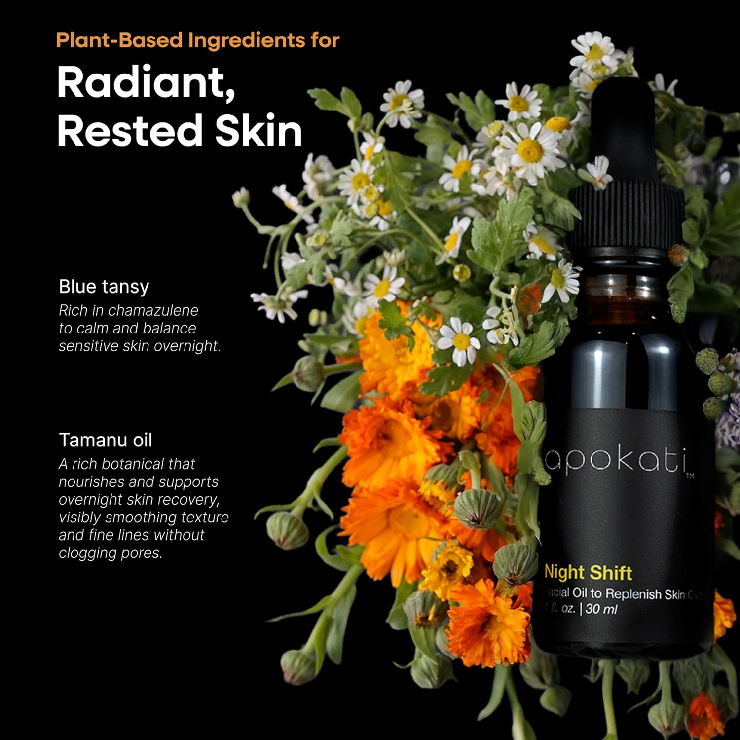 Night Shift Overnight Skin Therapy Face Oil with Tansy, Chamomile and Helichrysum – Replenishing and Calming Formula for Nighttime Skincare, 30ml