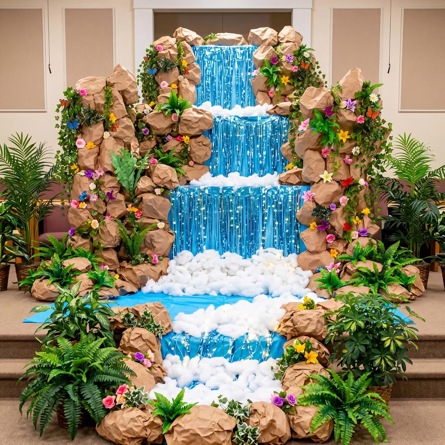 XunYee 37 Pcs Rainforest Fall Decoration Waterfall Landscaping Jungle Kit for Vbs 2026 Vacation Bible School Backdrop Blue Foil Fringe Curtain 3D Stream with Artificial Flower Butterflies for Church