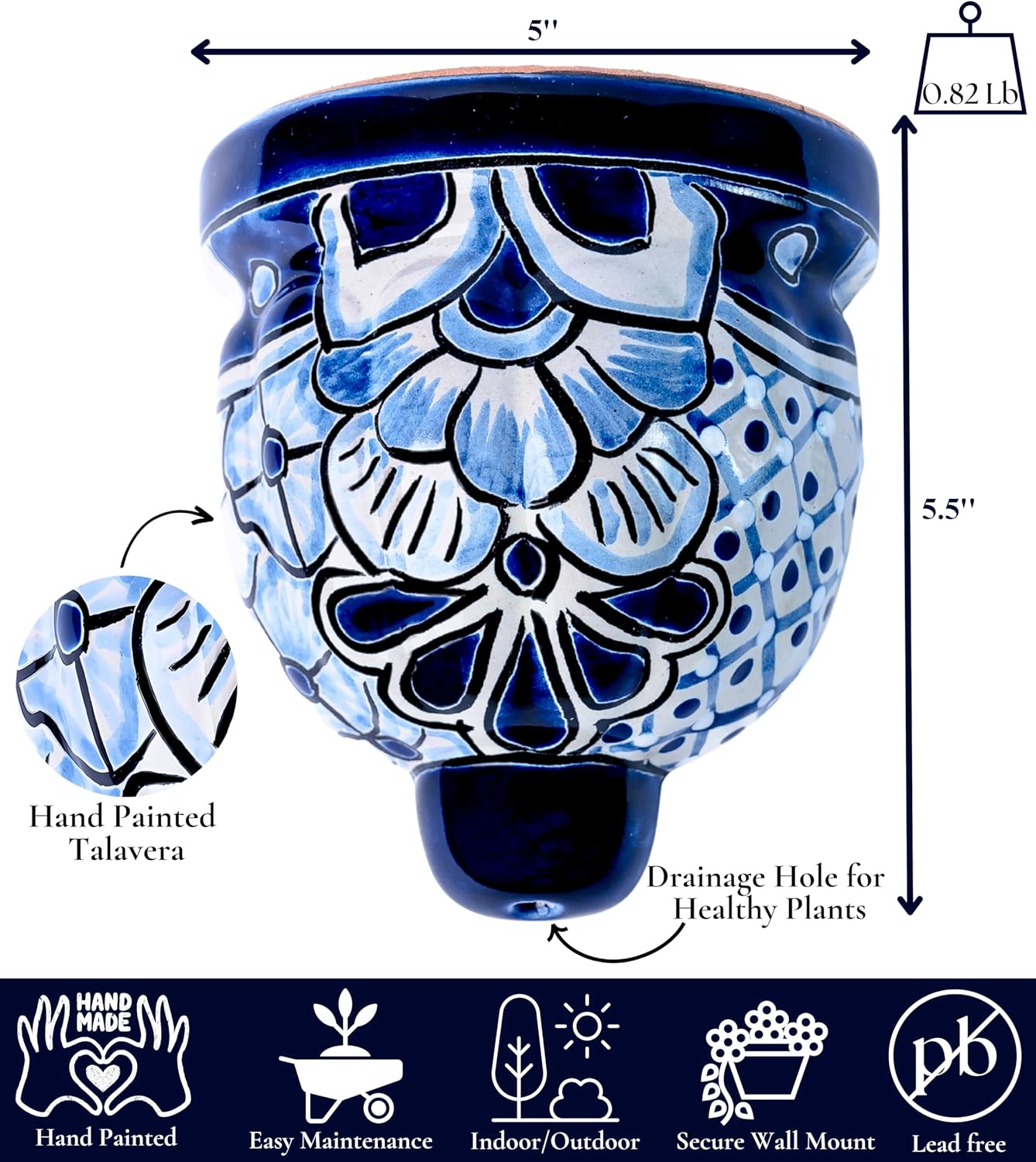 Mexican Pottery Planters - Wall Talavera Planter - Mexican Yard Pottery - Talavera Pots for Plants Indoor & Outdoor – 5" W x 5.5" H (White & Blue-Small)