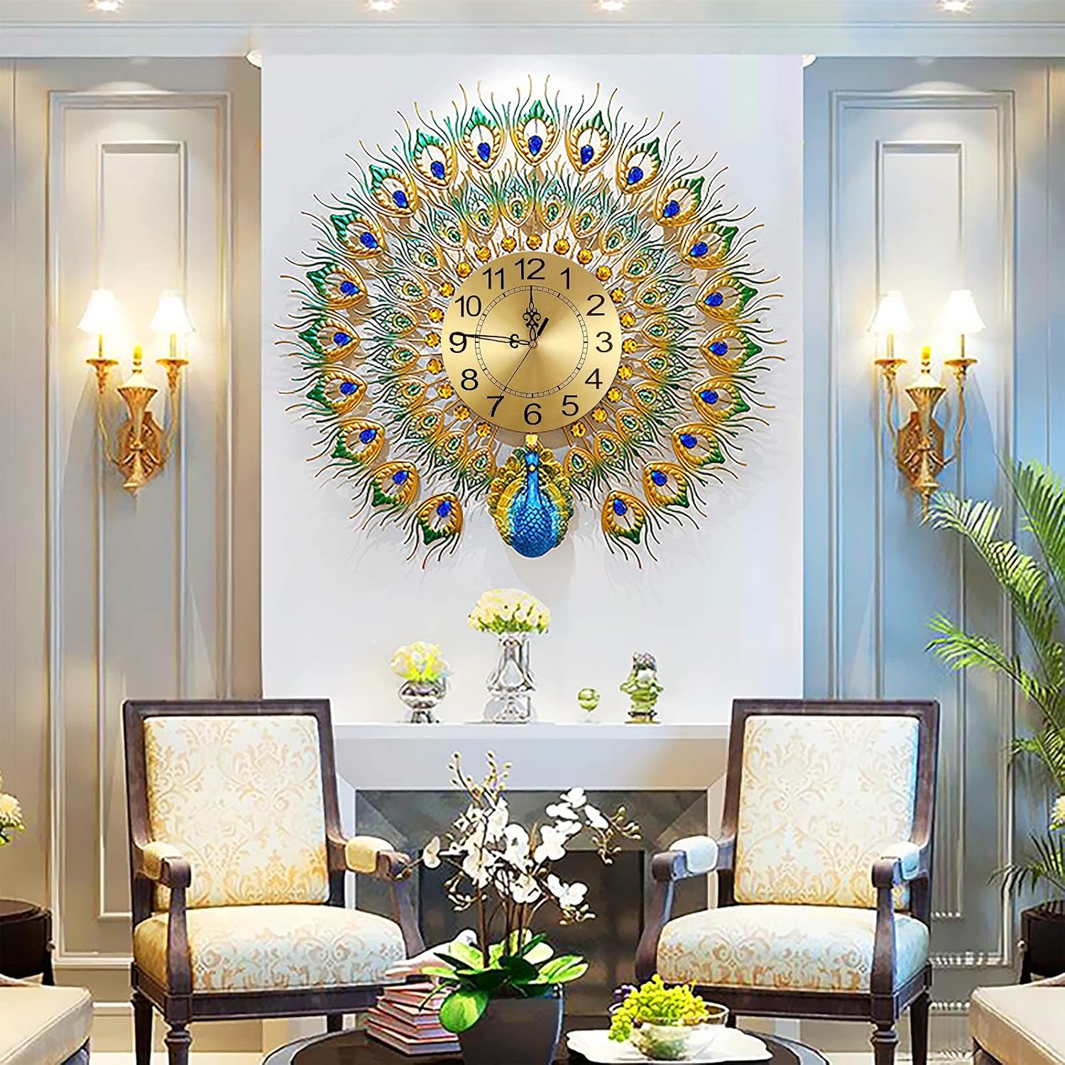 Large Peacock Wall Clock 27.6 inch Metal Design Non-Ticking Silent Art Digital Wall Clocks for Living Room Decor