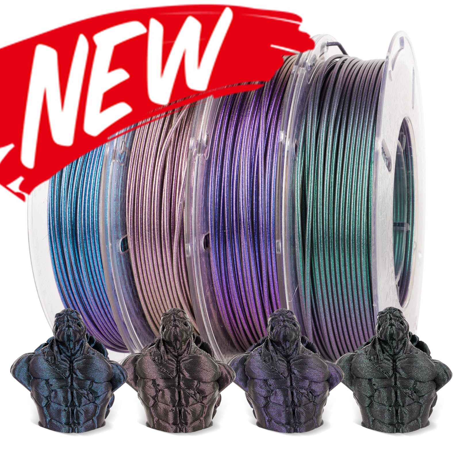 AMOLEN Filamento PLA para impresora 3D, filamento de impresión PLA serie cielo estrellado Pla de 1.75 mm, cielo estrellado morado oscuro/verde/azul/rojo morado, paquete de 4 x 200 g