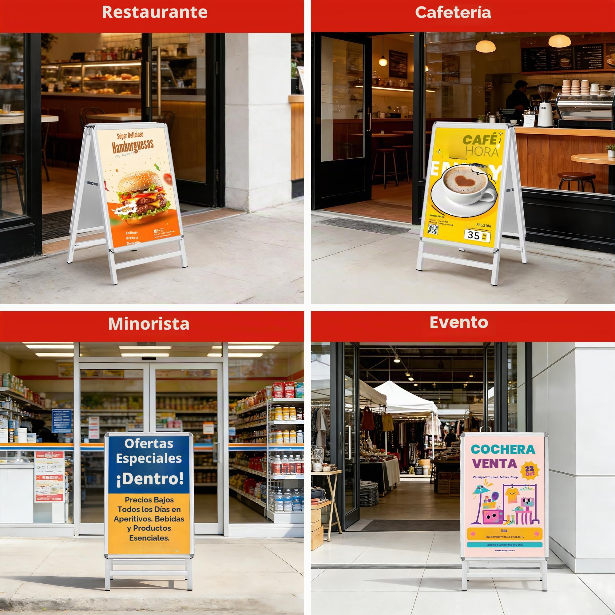 A Board Pavement Sign Frame - A2 tablero del pavimento de doble cara con aluminio Snap Frame Sign Stand para al aire libre Heavy Duty Cartel Menú Stand Publicidad Display Stand, Plata